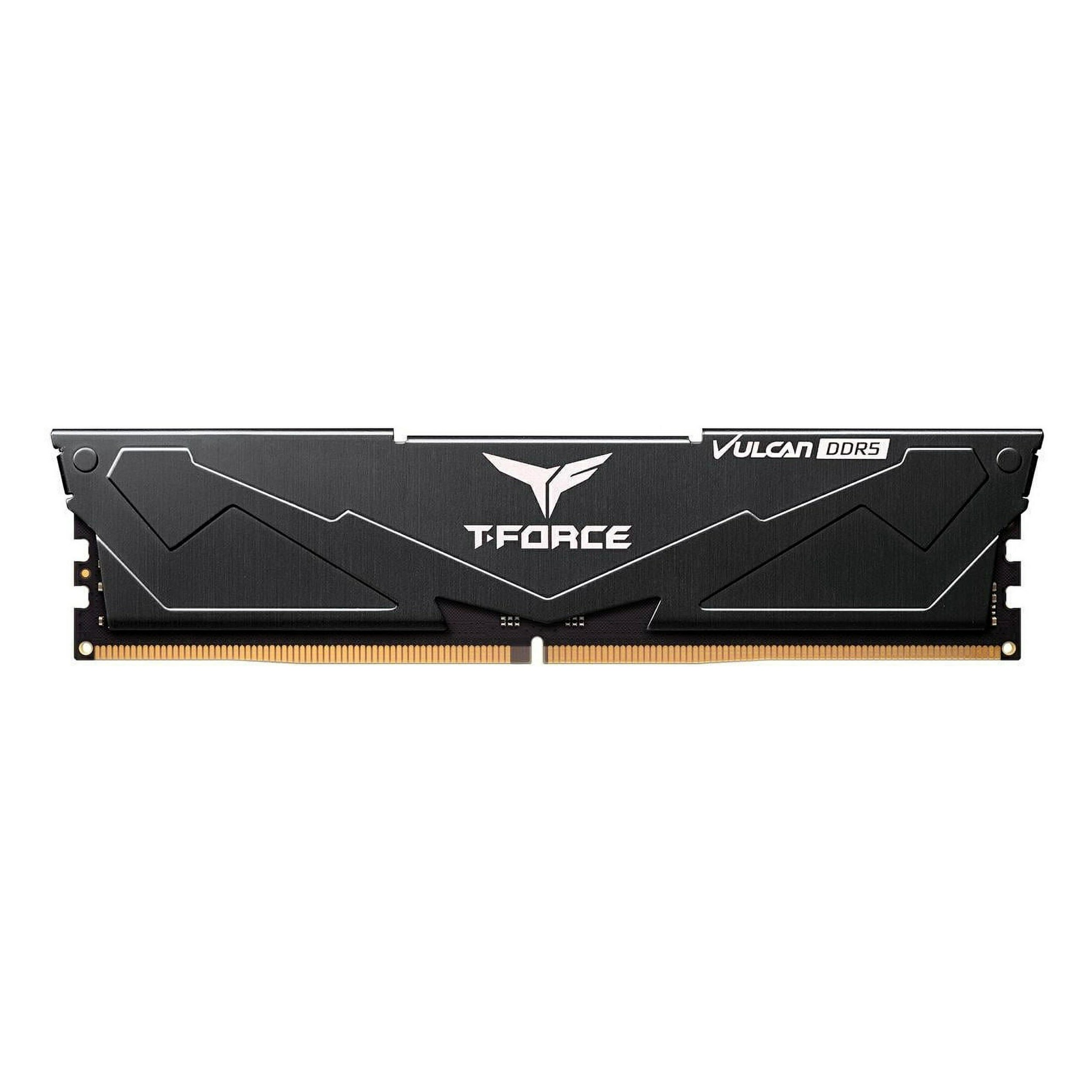 Modulo RAM nero con logo T-Force e testo "VULCAN DDR5".