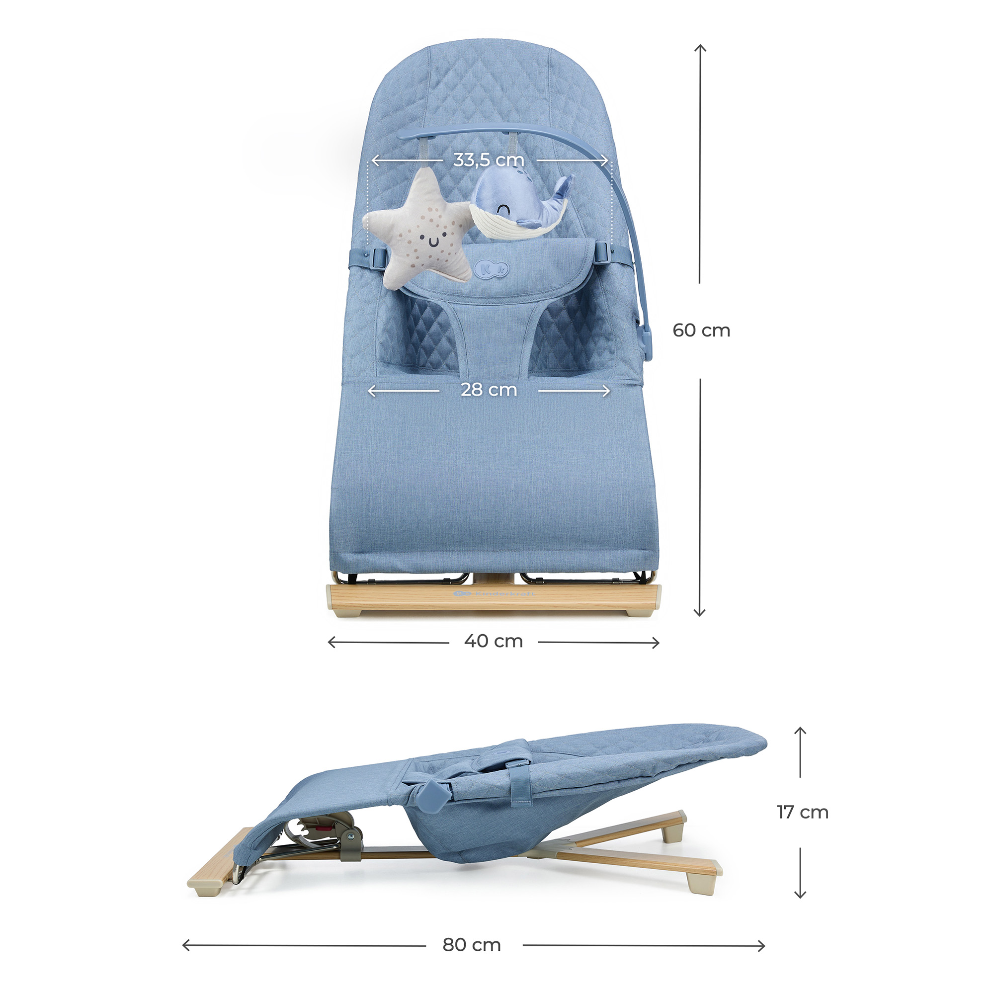 Blauer Babyliegestuhl mit Spielzeug. Maße sind angegeben.