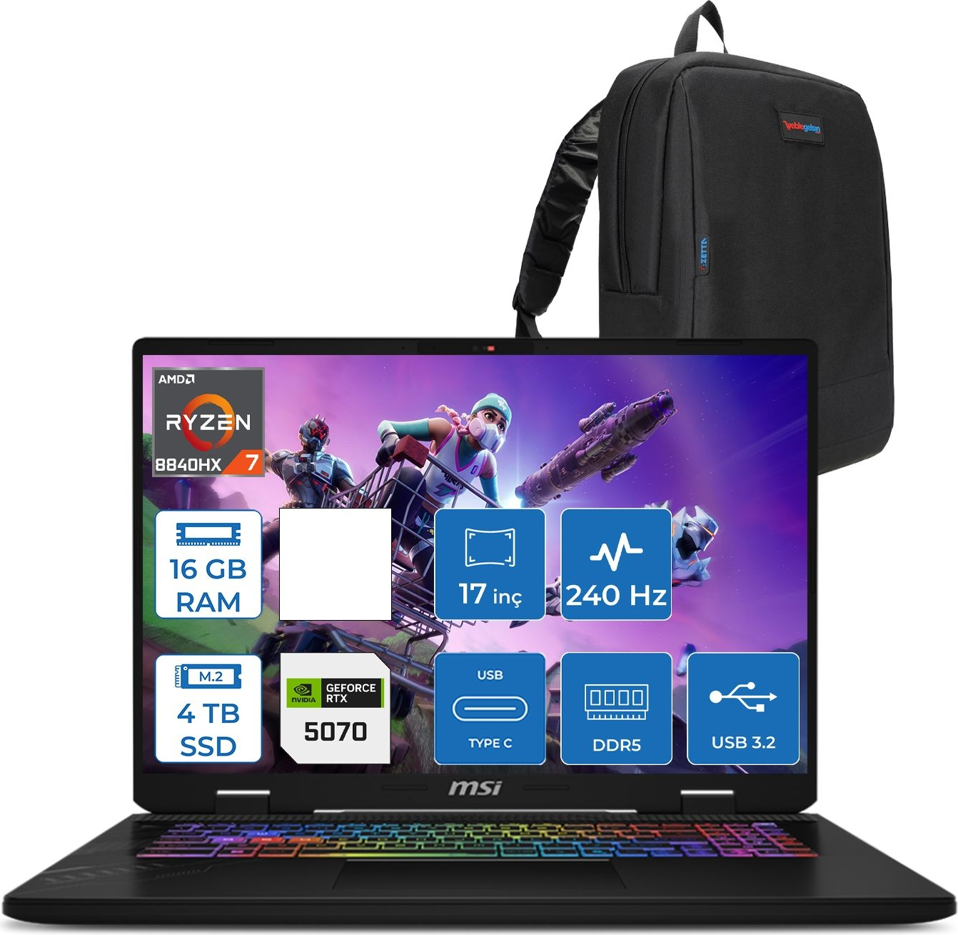 MSI Crosshair A17 HX DDR5 8GB RTX5070 D8WGKGF04 AMD Ryzen 7 8840HX 16 GB RAM 4 TB SSD 16 inç FreeDOS Laptop+Çanta Siyah