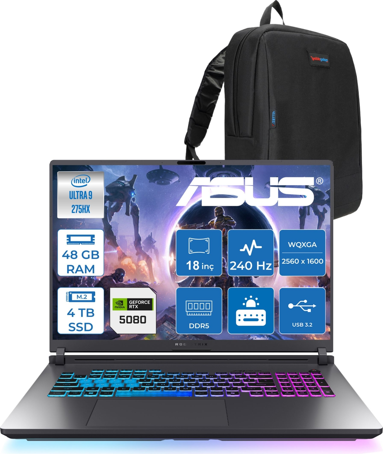 Intel Ultra 9, 48 GB RAM, 4 TB SSD, RTX 5080'li dizüstü bilgisayarın üzerinde siyah sırt çantası.