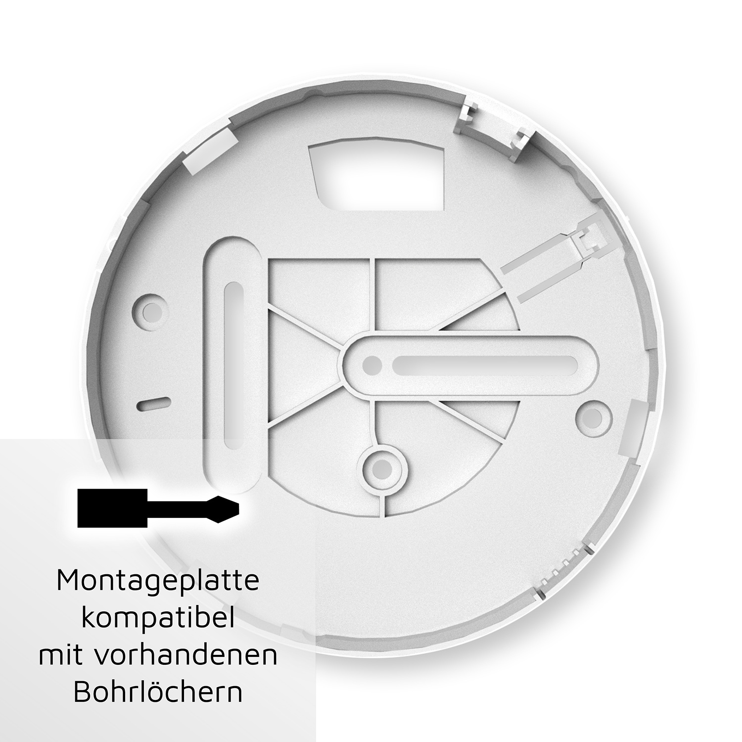 Weiße Montageplatte mit Schraubenlöchern und Pfeilgrafik, Text: 'kompatibel mit vorhandenen Bohrlöchern'.
