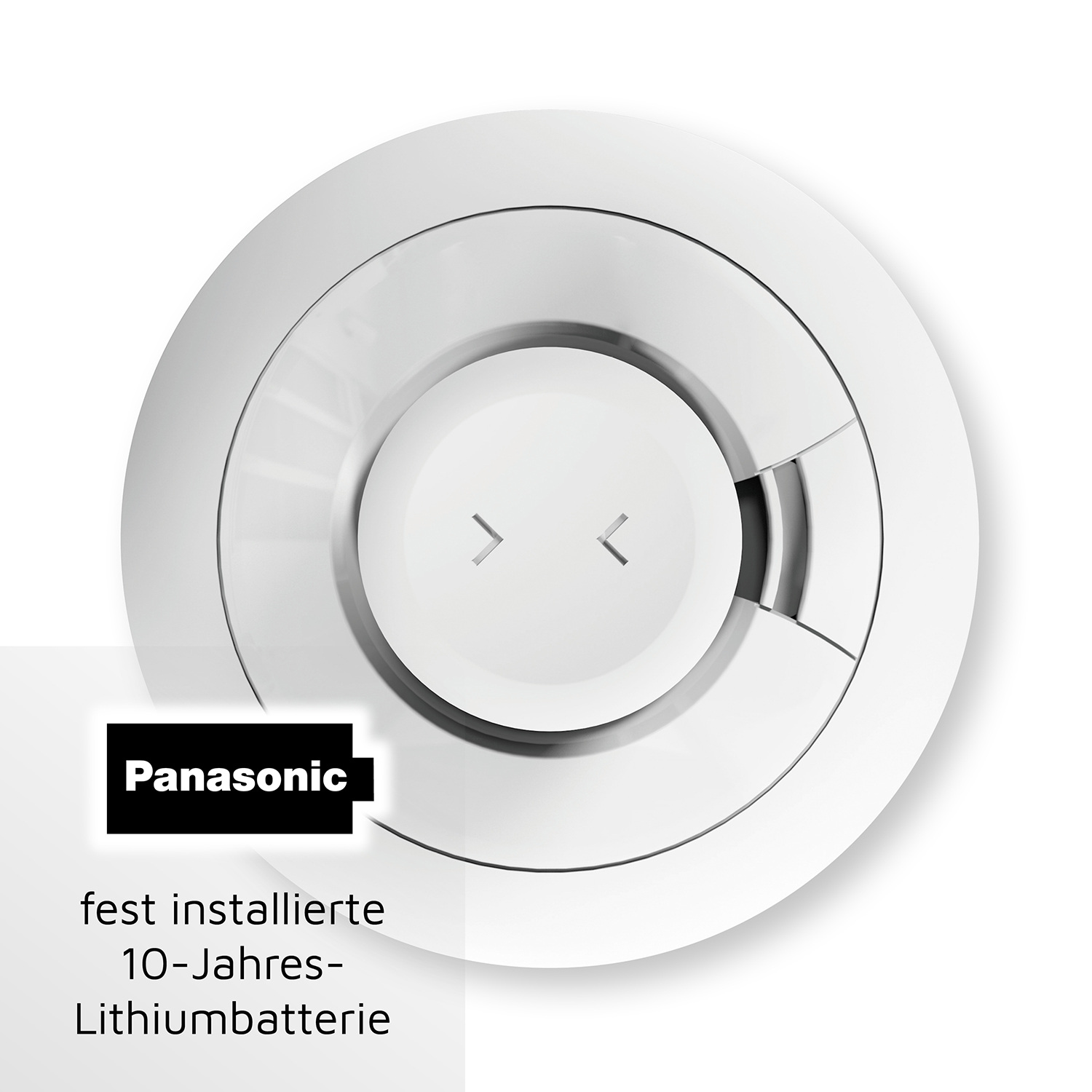 Ein weißer Panasonic Rauchmelder mit Festbatterie