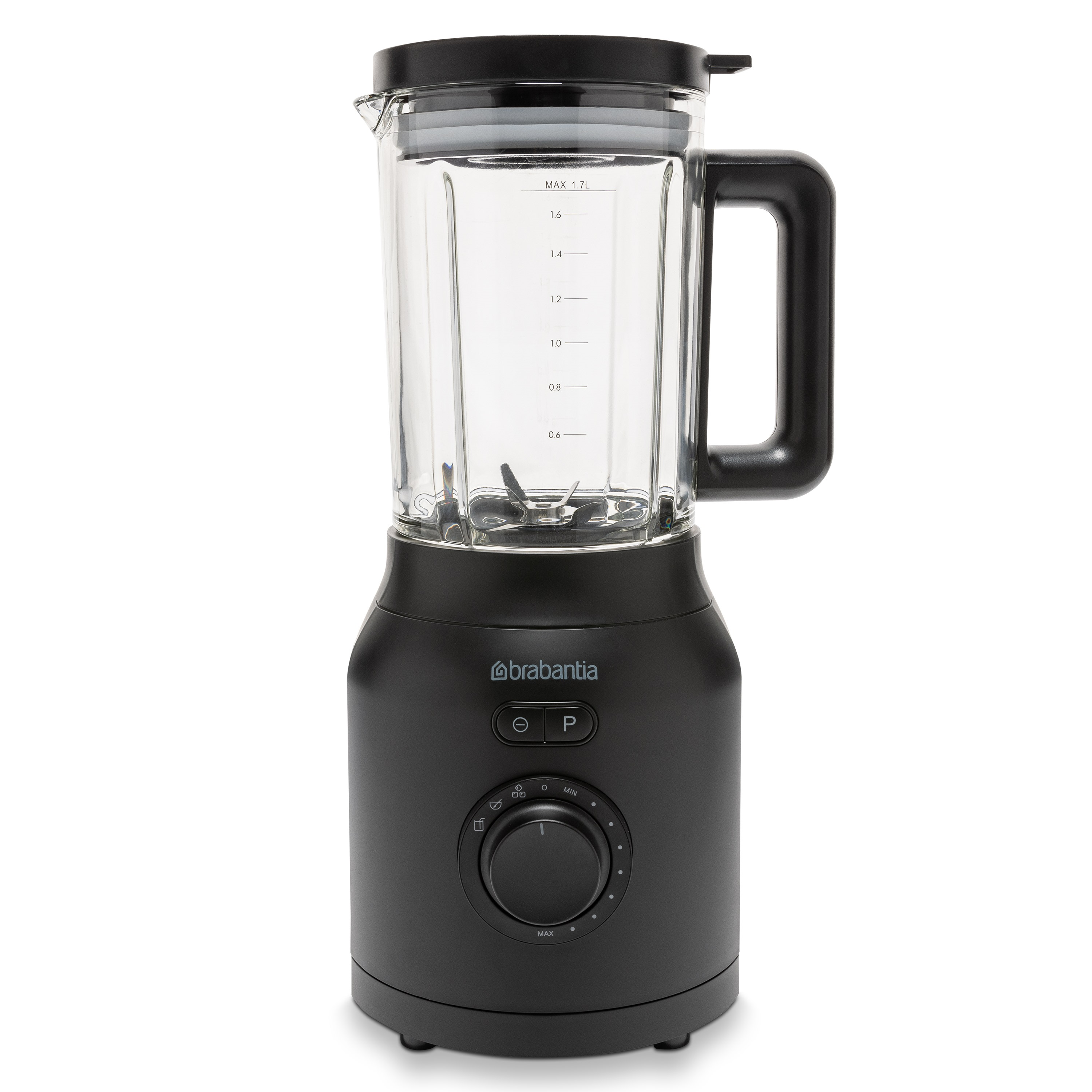Black stand blender with glass jug, handle, and control panel.