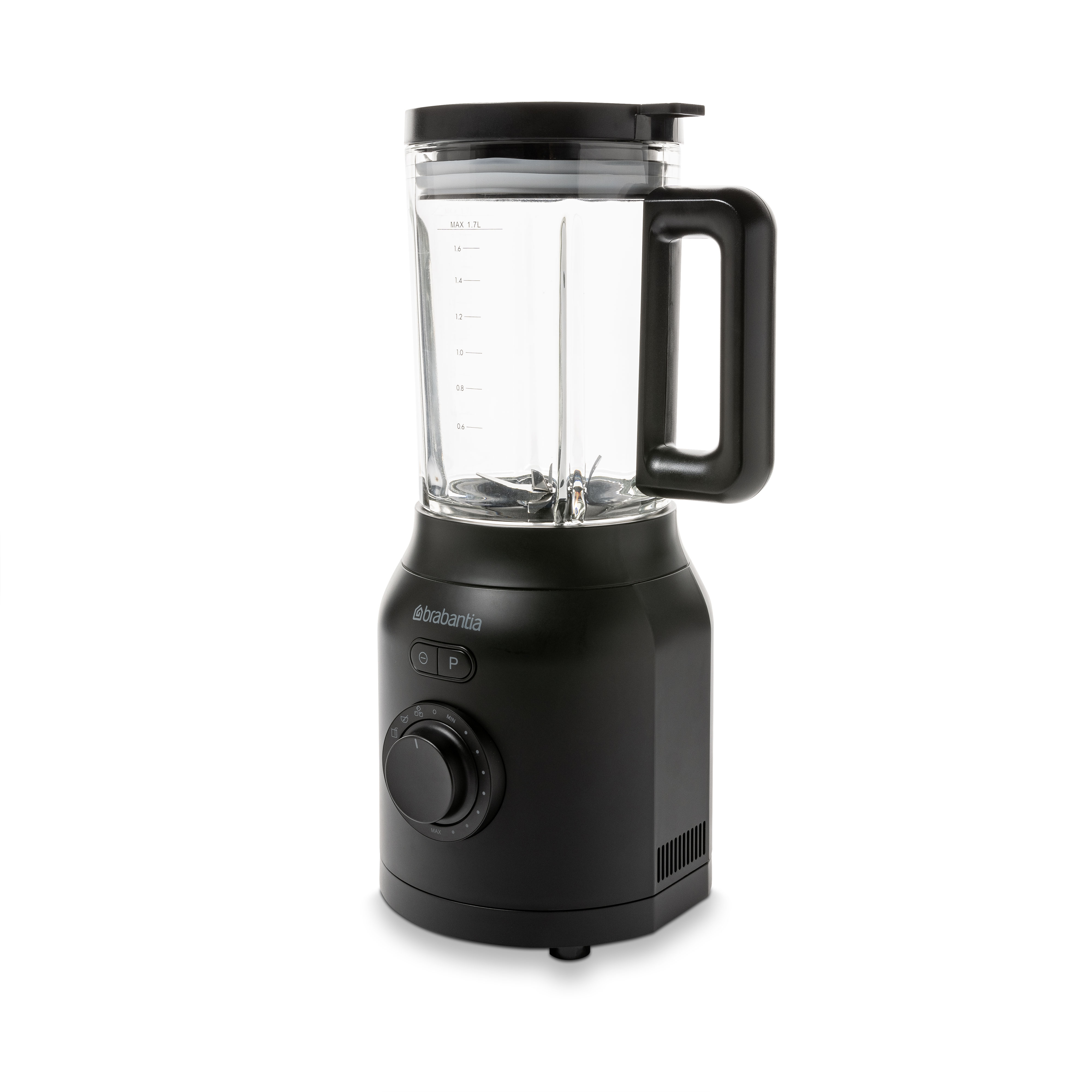 Black blender with glass jar, handle, and control dial on white background.
