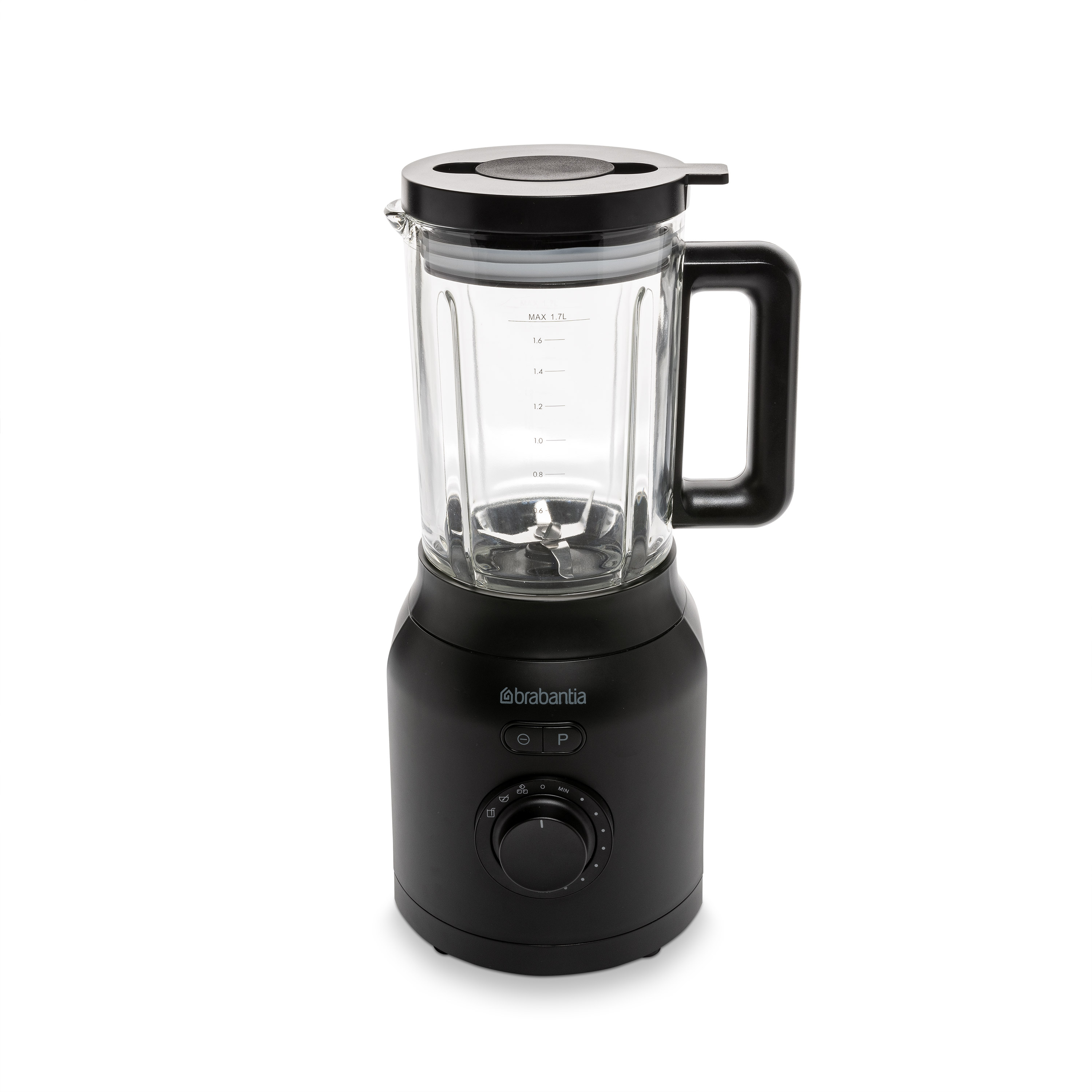 Black Brabantia blender with glass jug and control buttons.