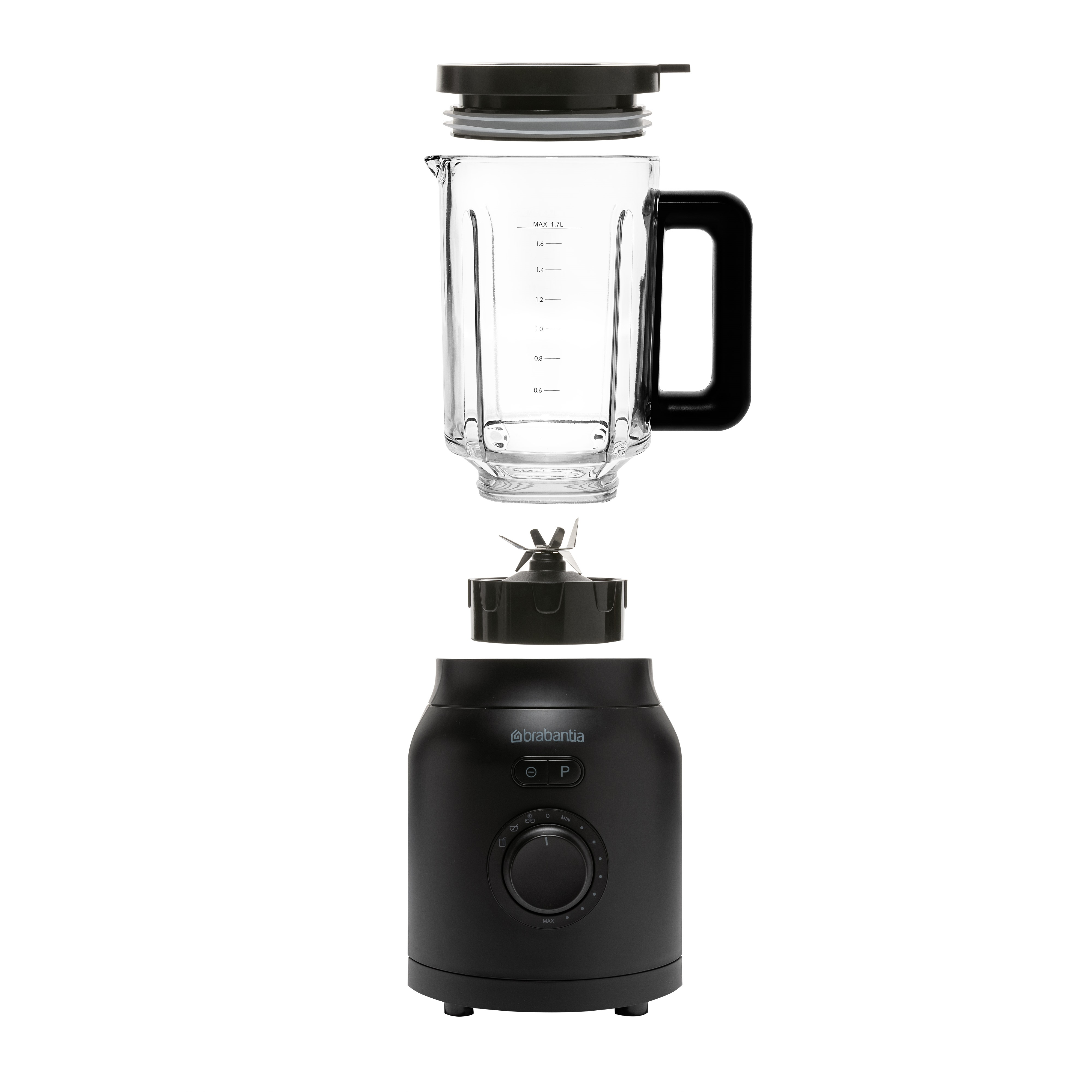 A black blender with a glass jug and lid.