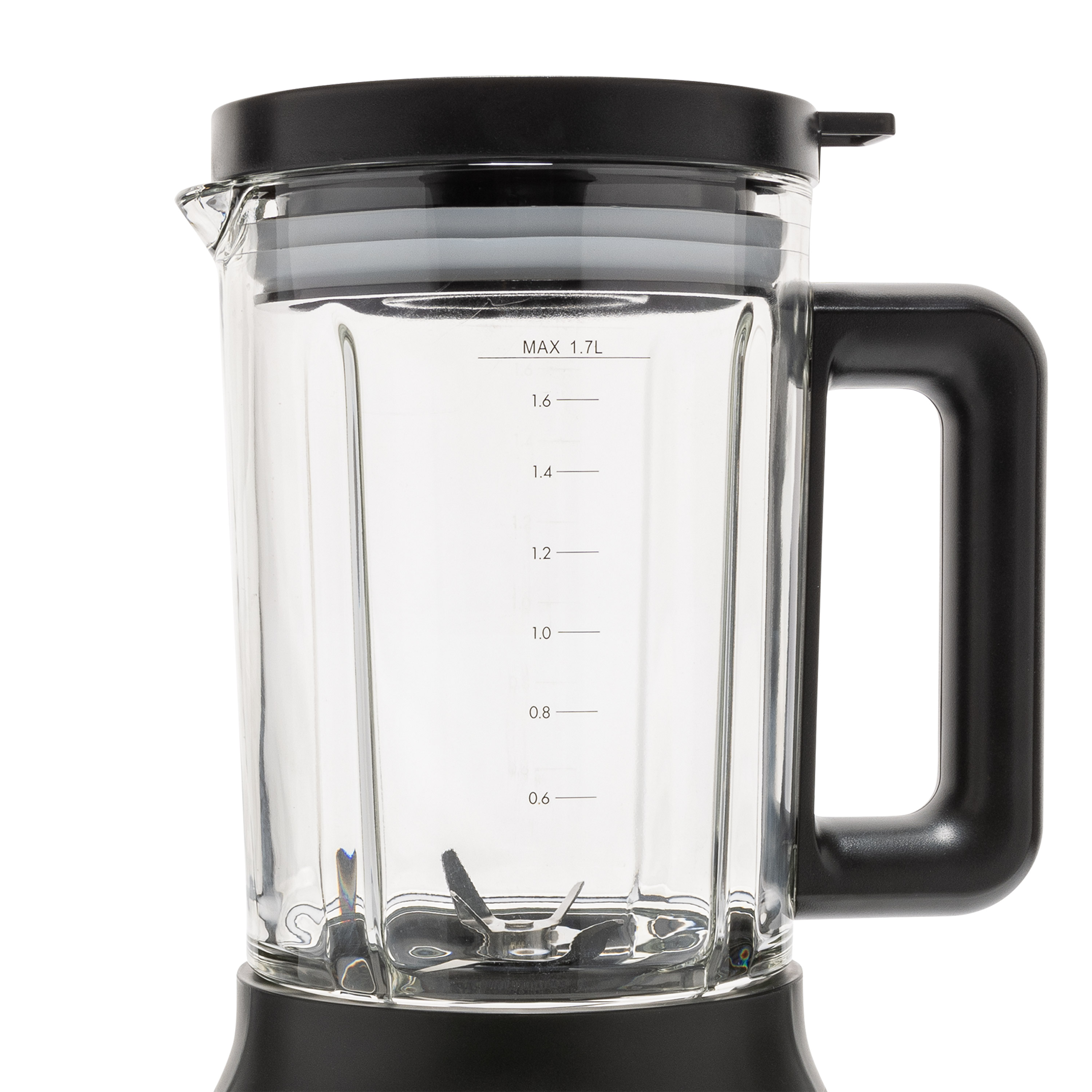 A glass blender with a black lid and handle, featuring measurement markings.