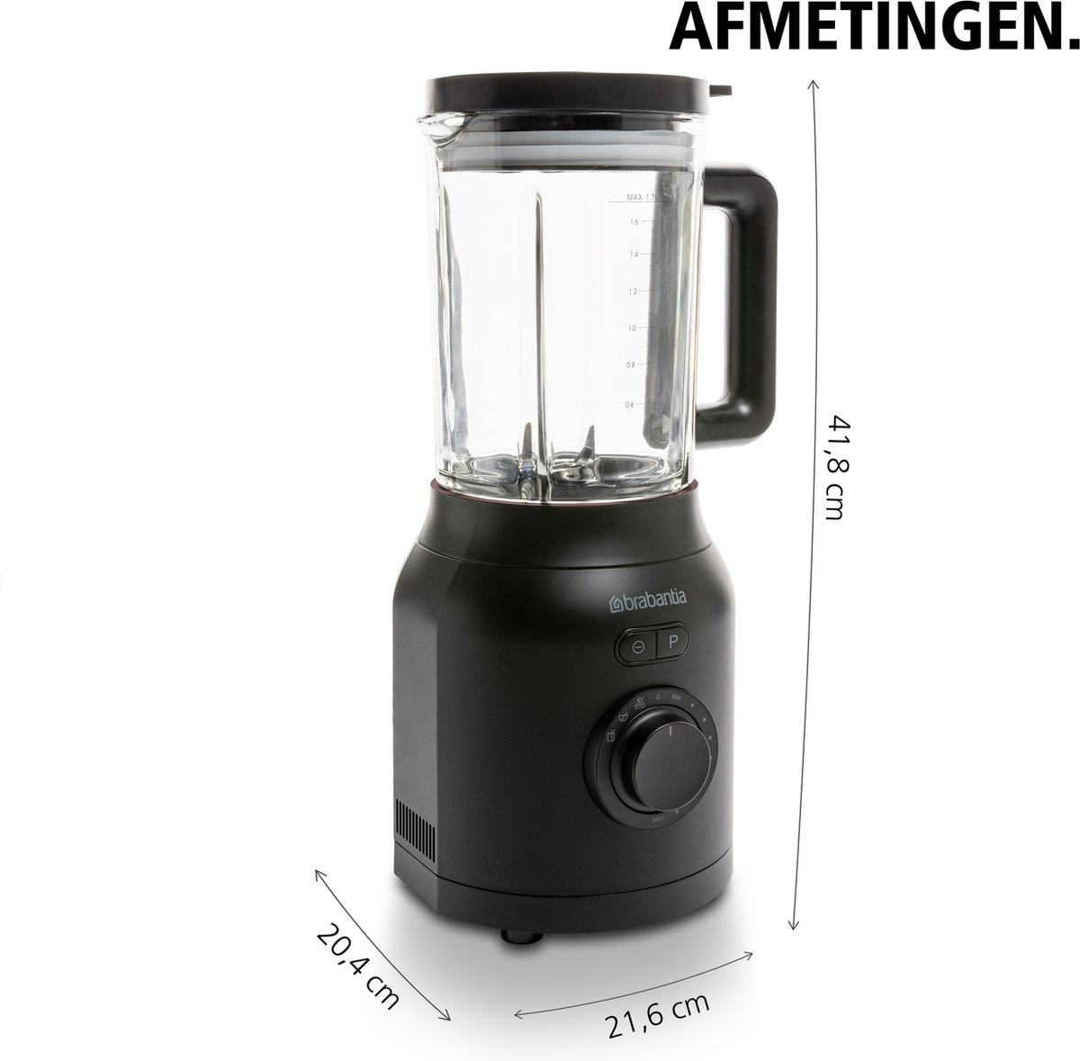 Black blender with glass jug, 41.8 cm high, 20.4 cm wide.