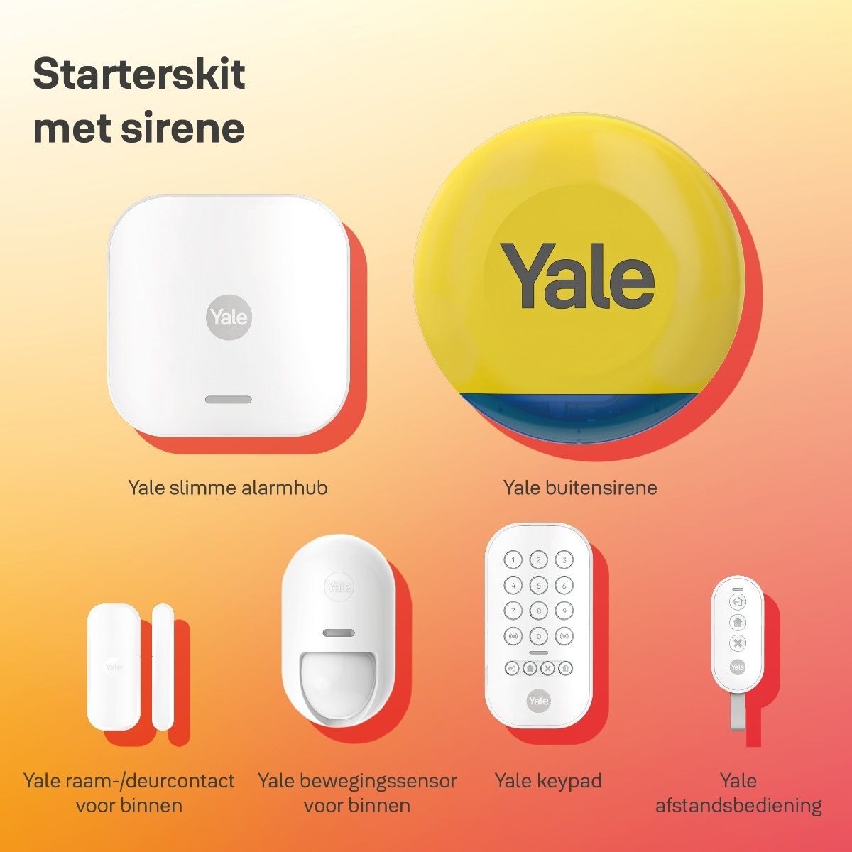 Kit di avviamento Yale con sirena: hub bianco, sirena gialla, sensore contatto, sensore movimento, tastiera, telecomando.