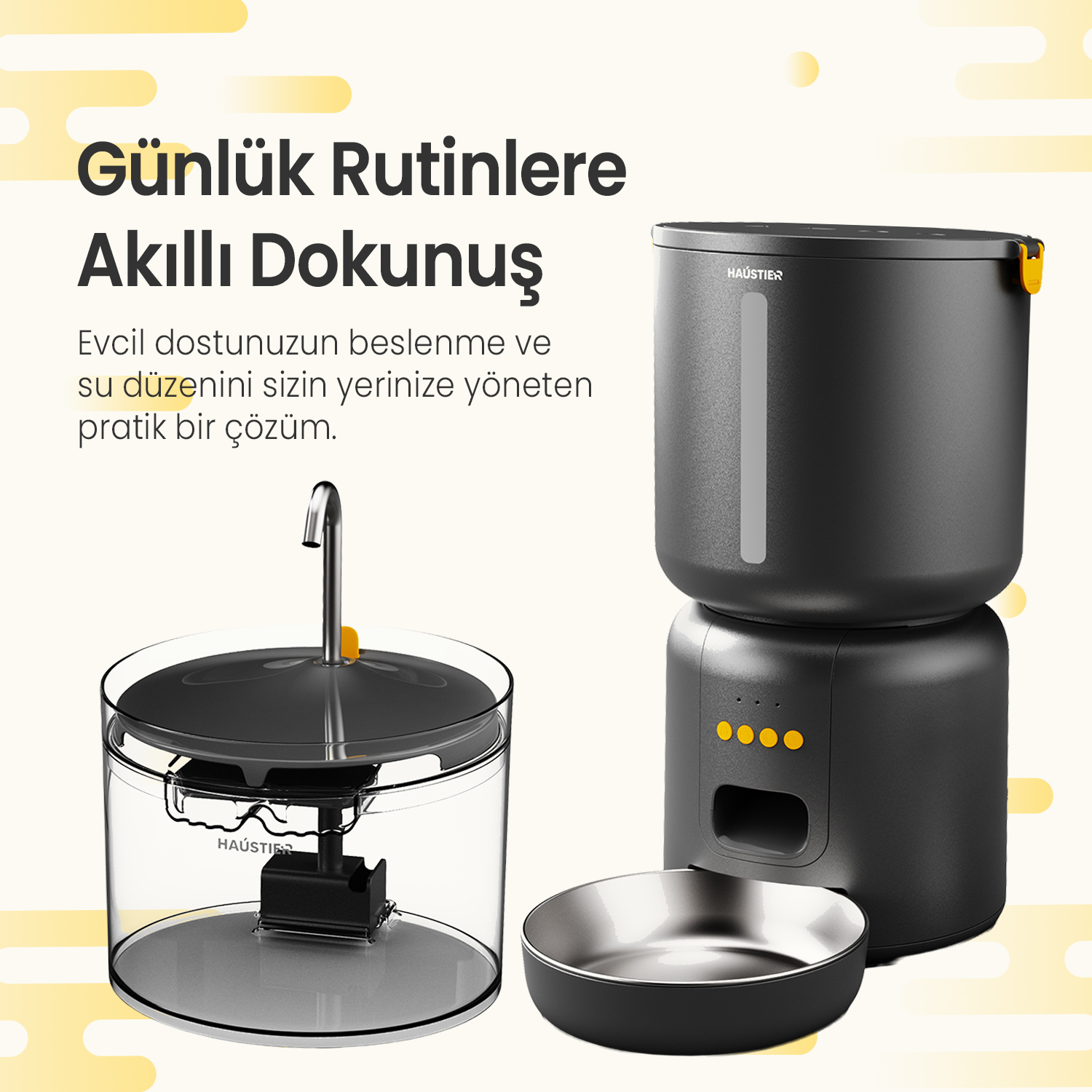 Akıllı evcil hayvan mama ve su otomatı, mama kabının yanında. Metin içerir.