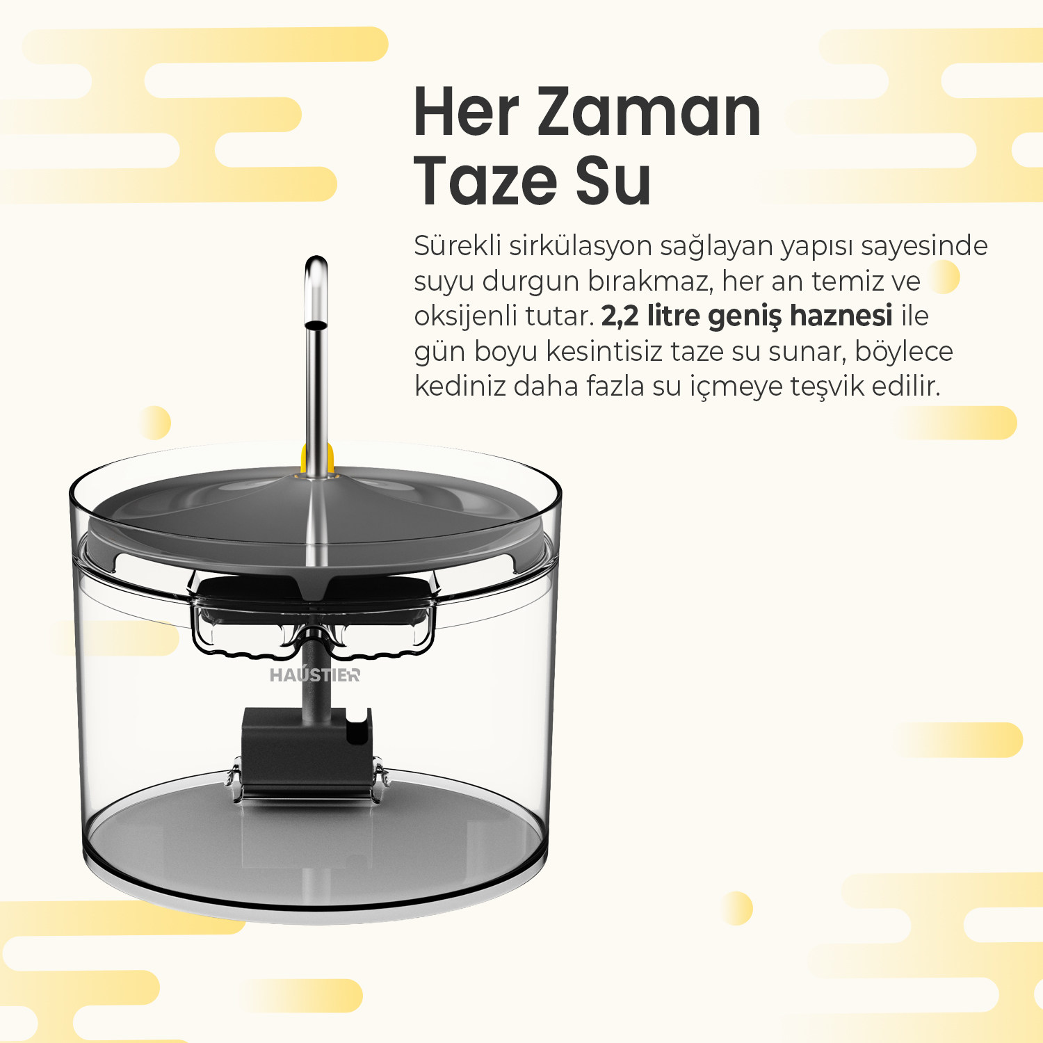 Gümüş ağızlı ve HAUSTIER logolu şeffaf su sebili.