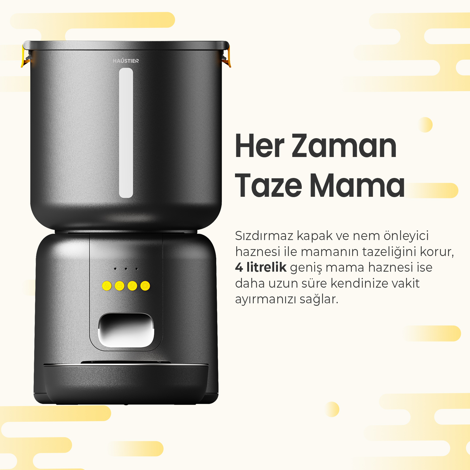 Kulplu ve penceresi olan siyah evcil hayvan mama kabı.