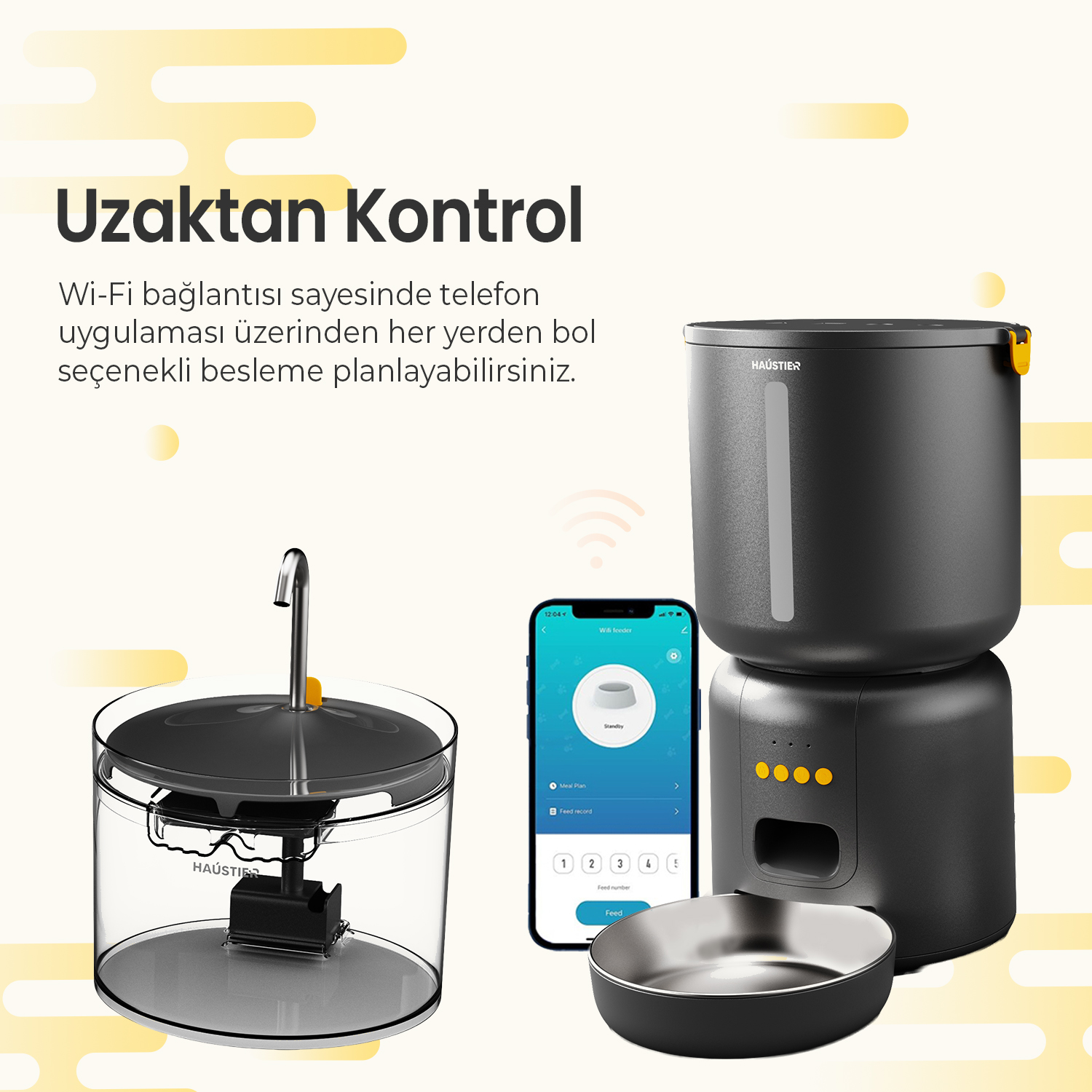 Yanında kaplar ve su sebili bulunan siyah bir evcil hayvan mama otomatı.
