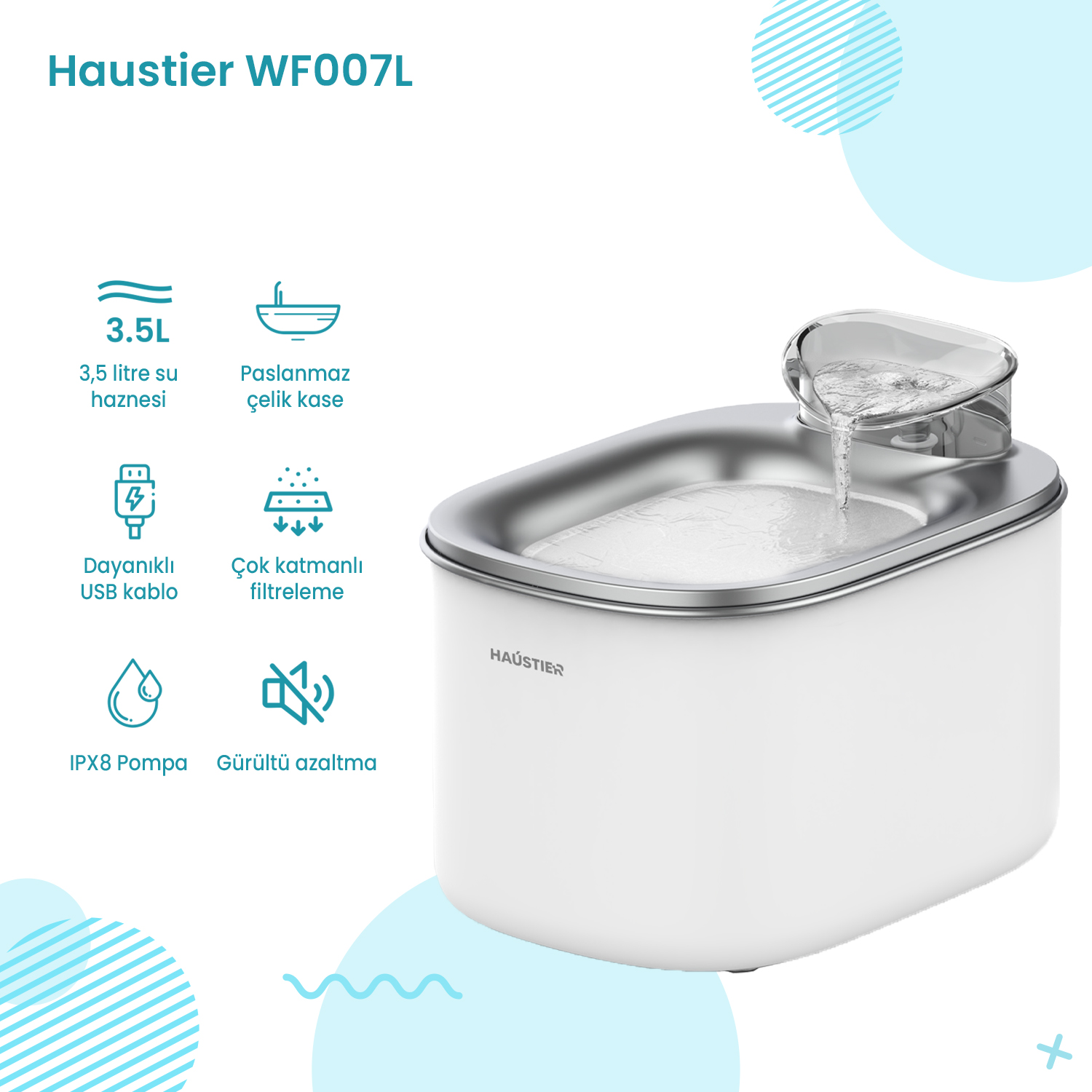 Beyaz Haustier WF007L evcil hayvan sebili, 3,5L hazne ve paslanmaz çelik kase.