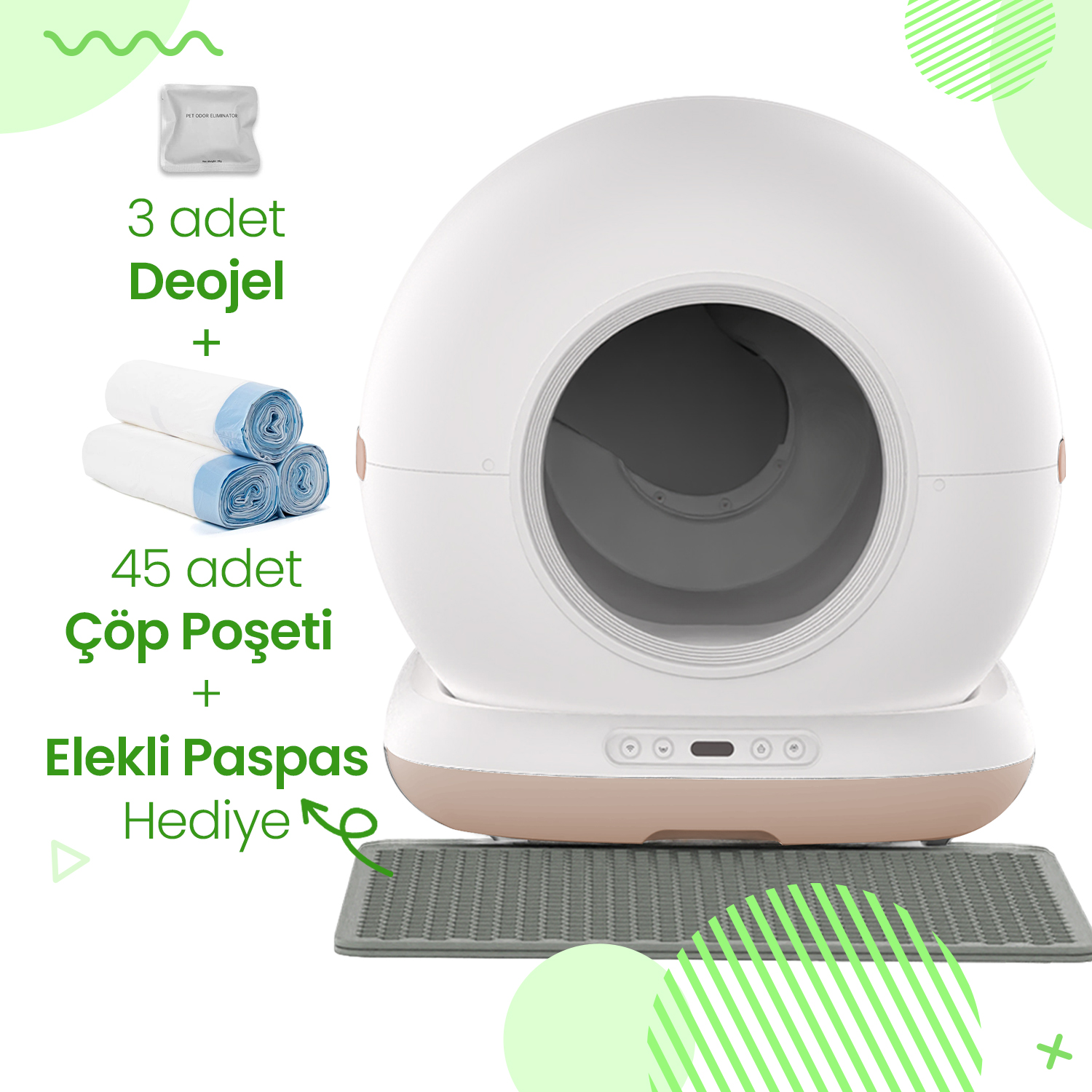 Deodorantlı, çöp torbalı ve paspaslı beyaz otomatik kedi tuvaleti.