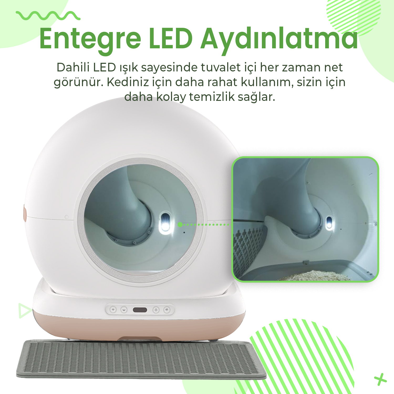 Entegre LED aydınlatmalı beyaz otomatik kedi tuvaleti ve önünde mat.