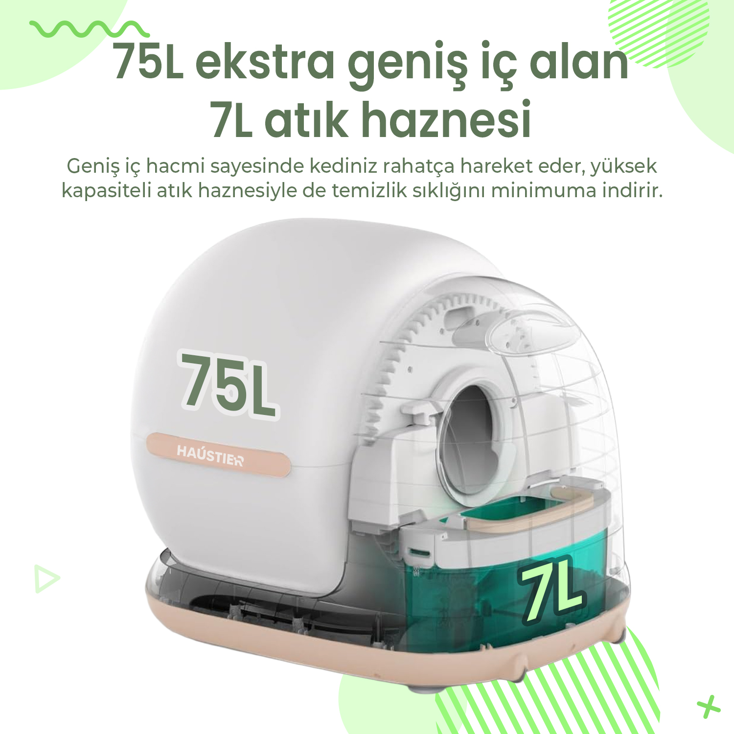 75L iç alana ve 7L atık haznesine sahip beyaz kedi tuvalet kabı.