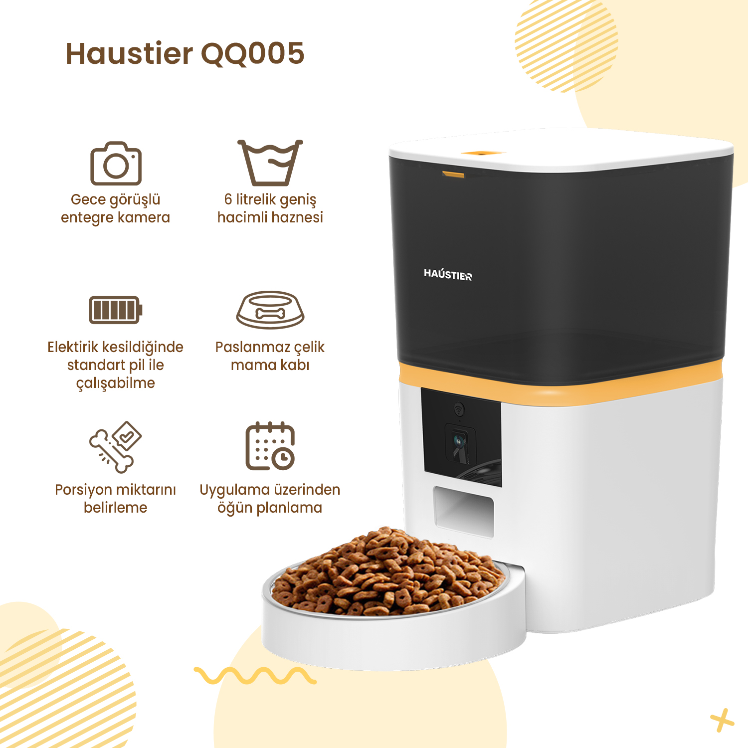Haustier QQ005 otomatik mama kabı, kamera, 6L hazne, pille çalışır, paslanmaz çelik.