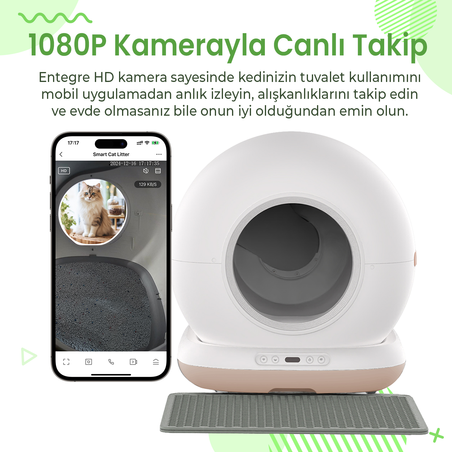 Akıllı telefon, kendiliğinden temizlenen kedi tuvaletinde bir kedi gösteriyor.