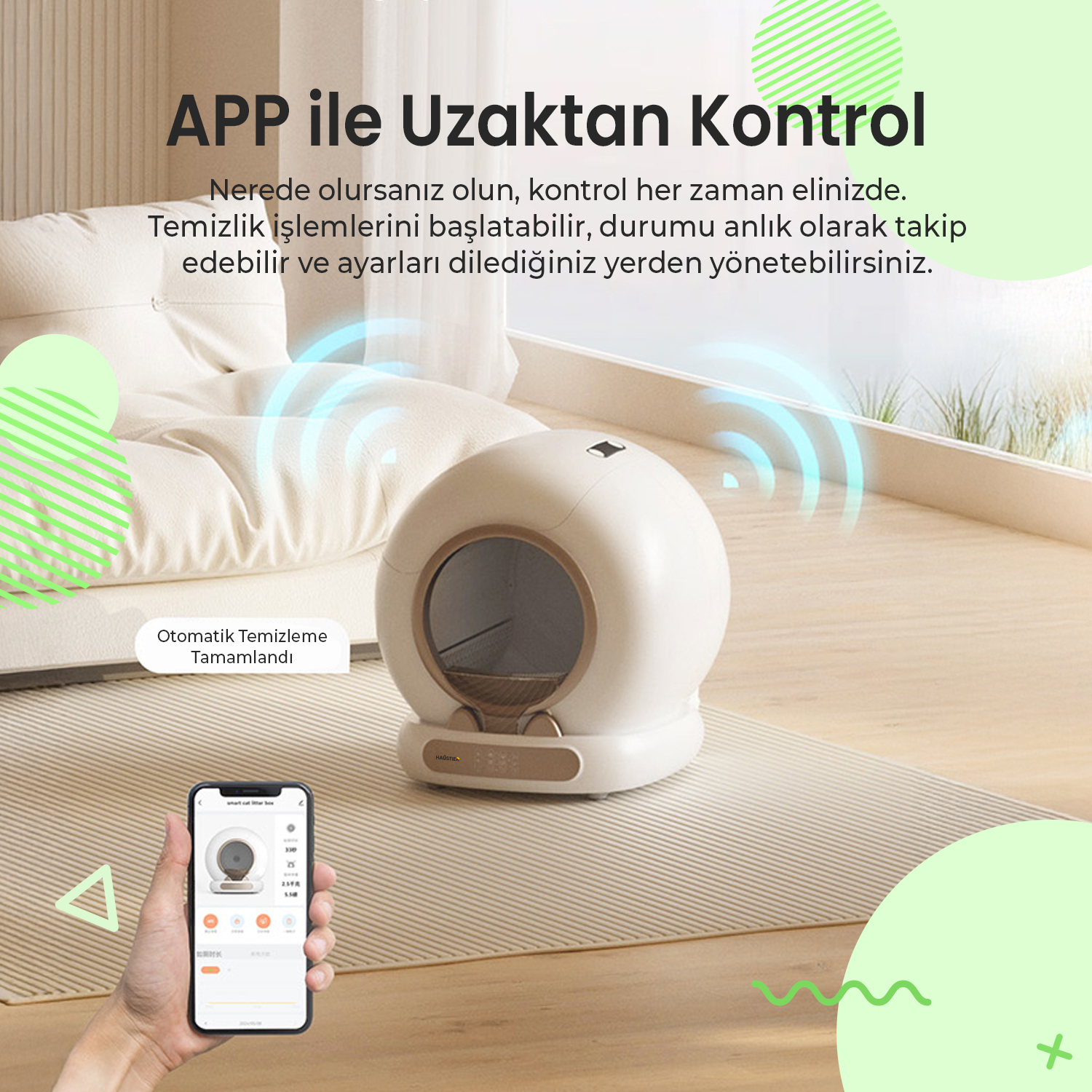 Uygulama kontrollü beyaz otomatik kedi kum kabı mat üzerinde duruyor.