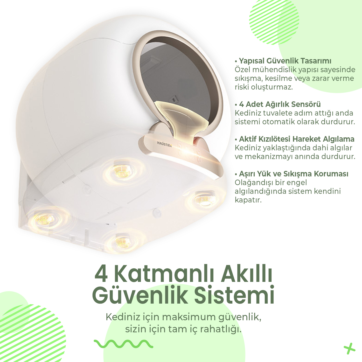 Kavisli tasarıma ve çoklu sensörlere sahip beyaz, fütüristik bir kedi tuvaleti.