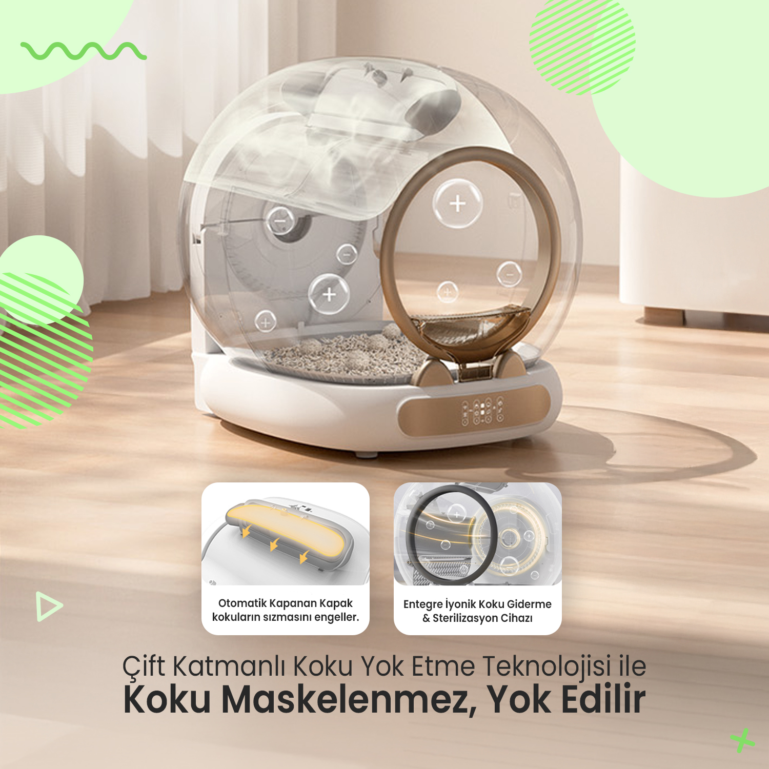 Koku nötralizasyonlu, şeffaf kubbeli otomatik kedi tuvalet kabı.