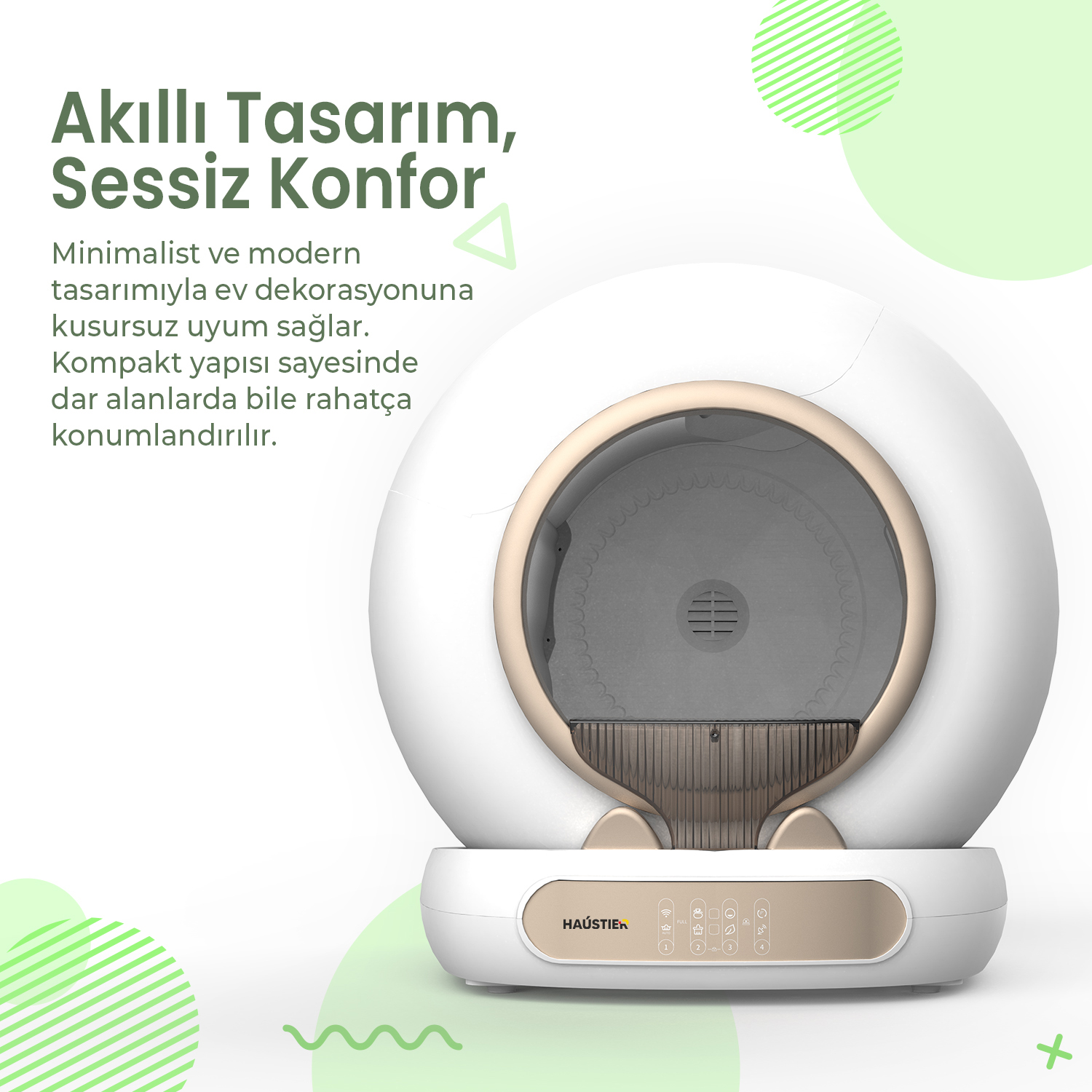 Dokunmatik kontrol panelli, turkuaz detaylı beyaz, fütüristik kedi su sebili.