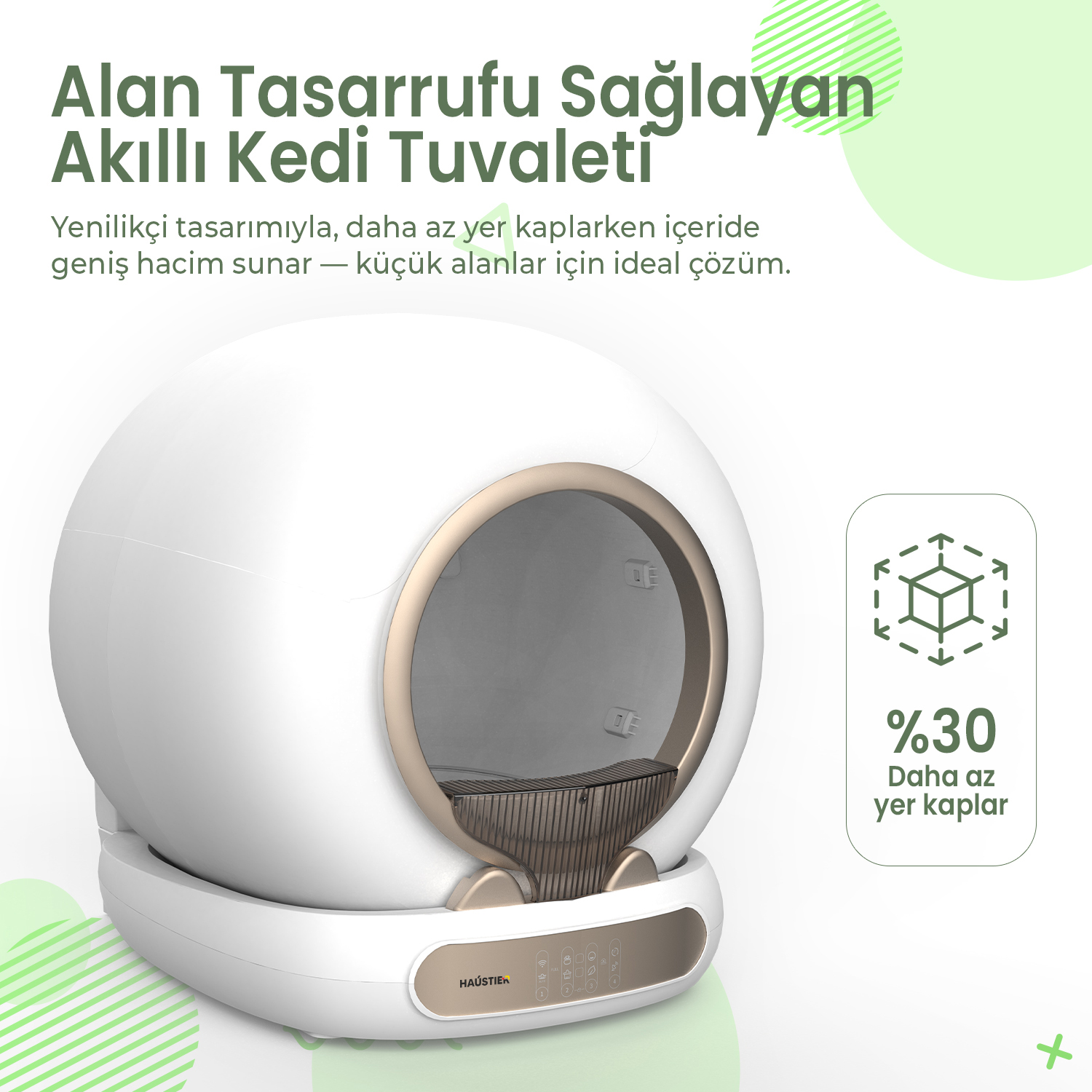 Dokunmatik kontrollü, beyaz, küre şeklinde otomatik kedi tuvaleti. Yer tasarruflu.
