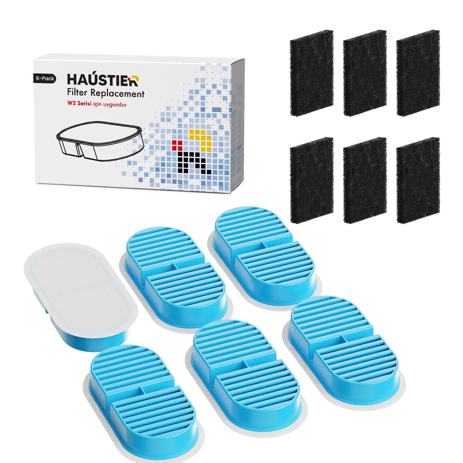 HAUSTIER filtre değişim kutusu, 6 siyah filtre pedi ve 5 mavi filtre tutucu.
