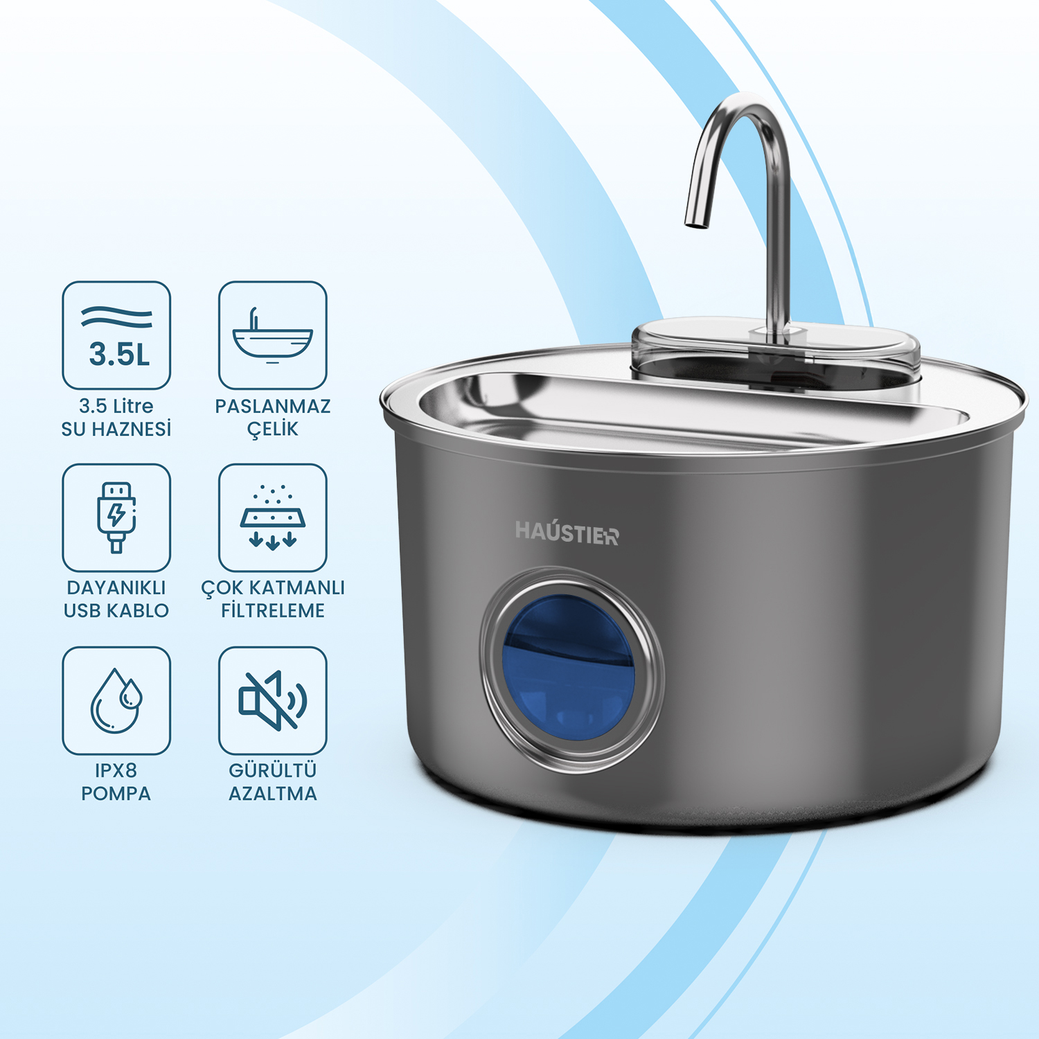 Paslanmaz çelik su sebili 3.5L hazne, USB kablo, IPX8 pompa, filtre, sessiz.
