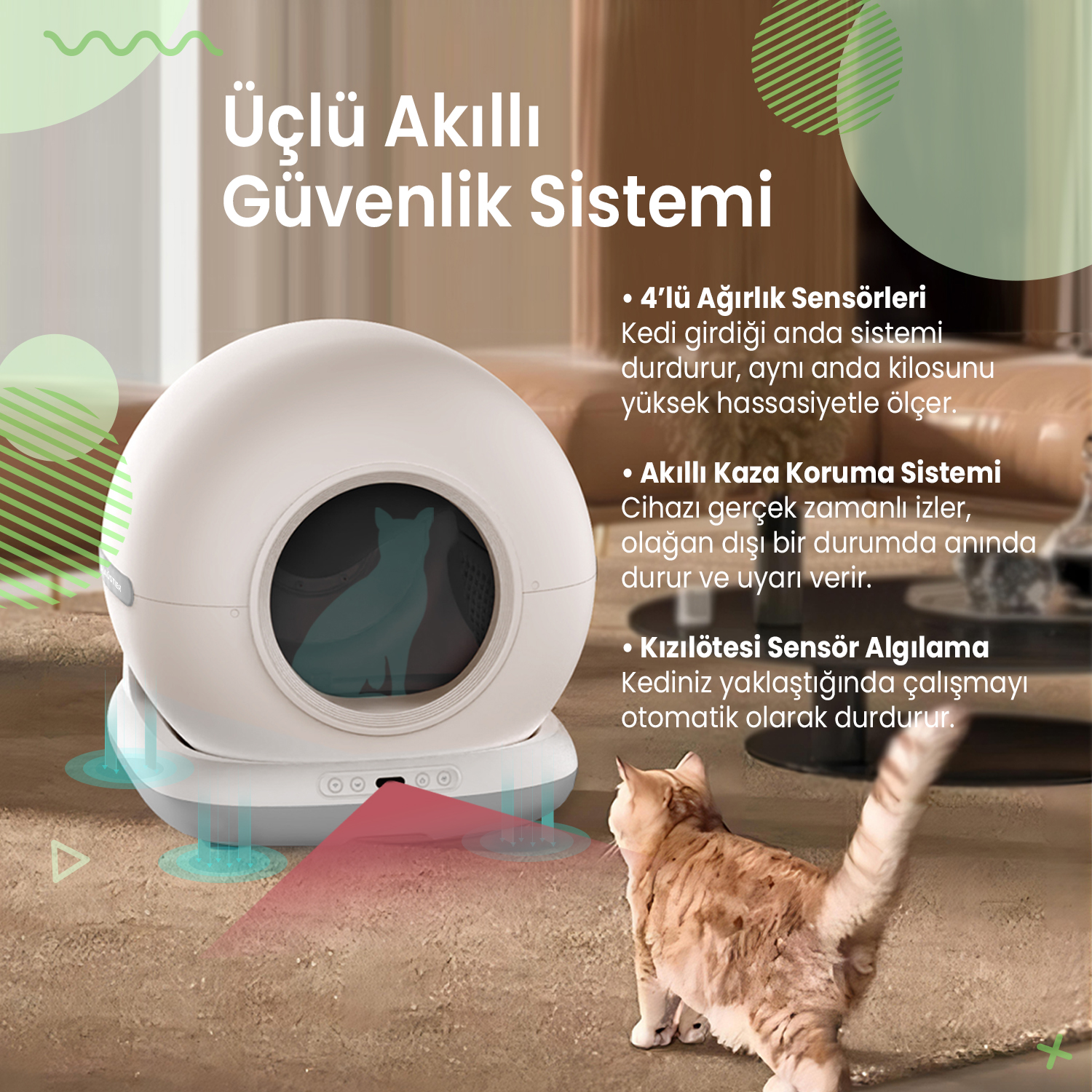 Önünde çizgili bir kedi bulunan beyaz otomatik kedi kumbarası. Sensörler vurgulanmış.