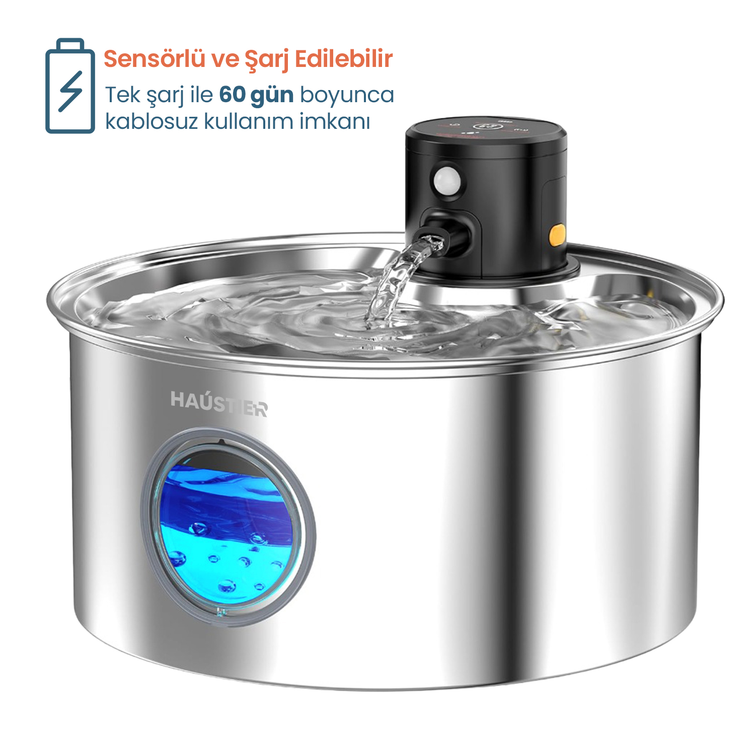 HAUSTIER W2 Otomatik Kablosuz Kedi Sensörlü Bataryalı Ultra Sessiz Çelik 3.2Lt Su Pınarı Gri