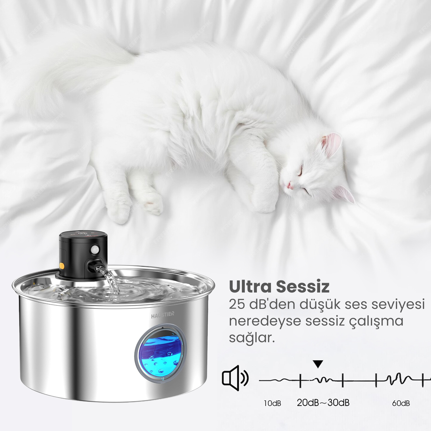 Beyaz bir kedi, su sebili yanında beyaz yatakta uyuyor.