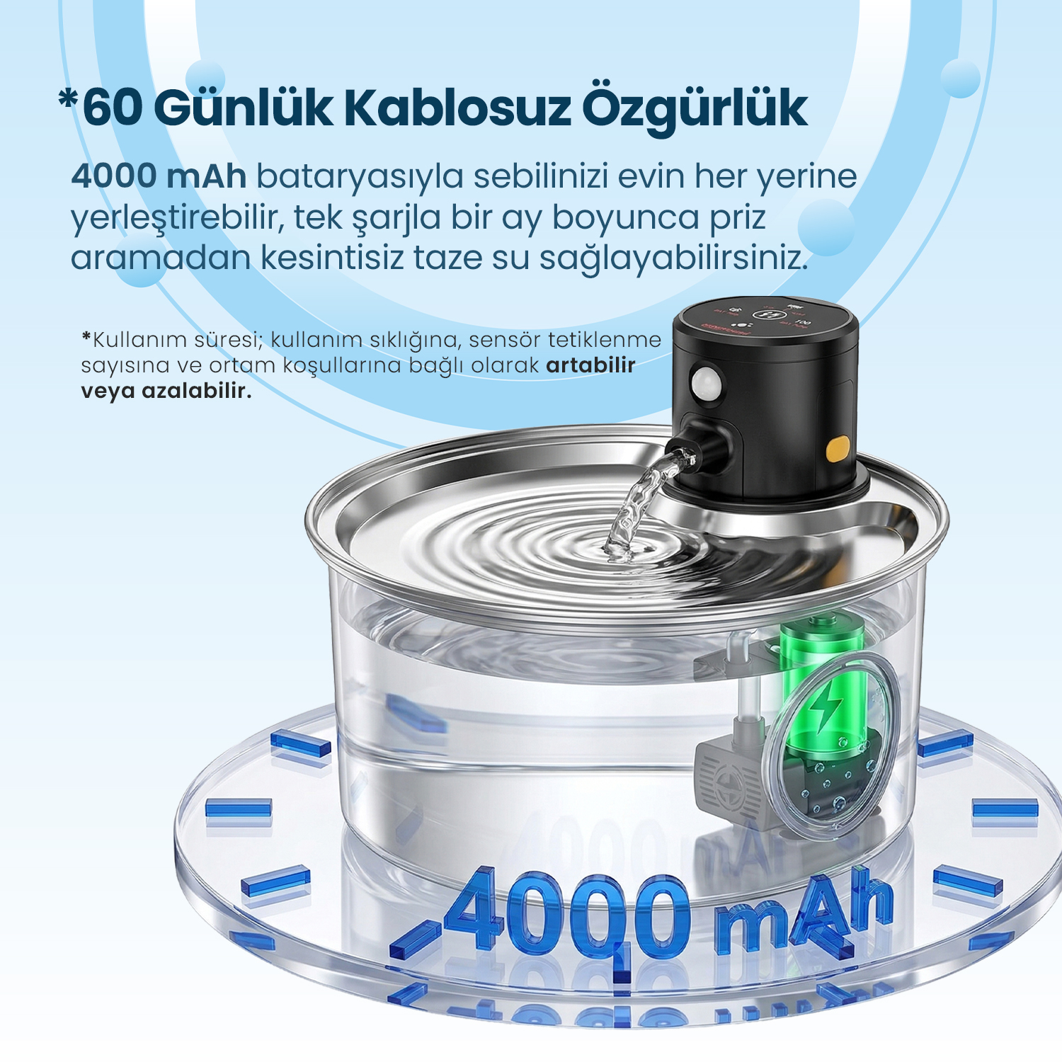 4000 mAh bataryalı, su pompalayan bir su sebili. 4000 mAh gösteriliyor.