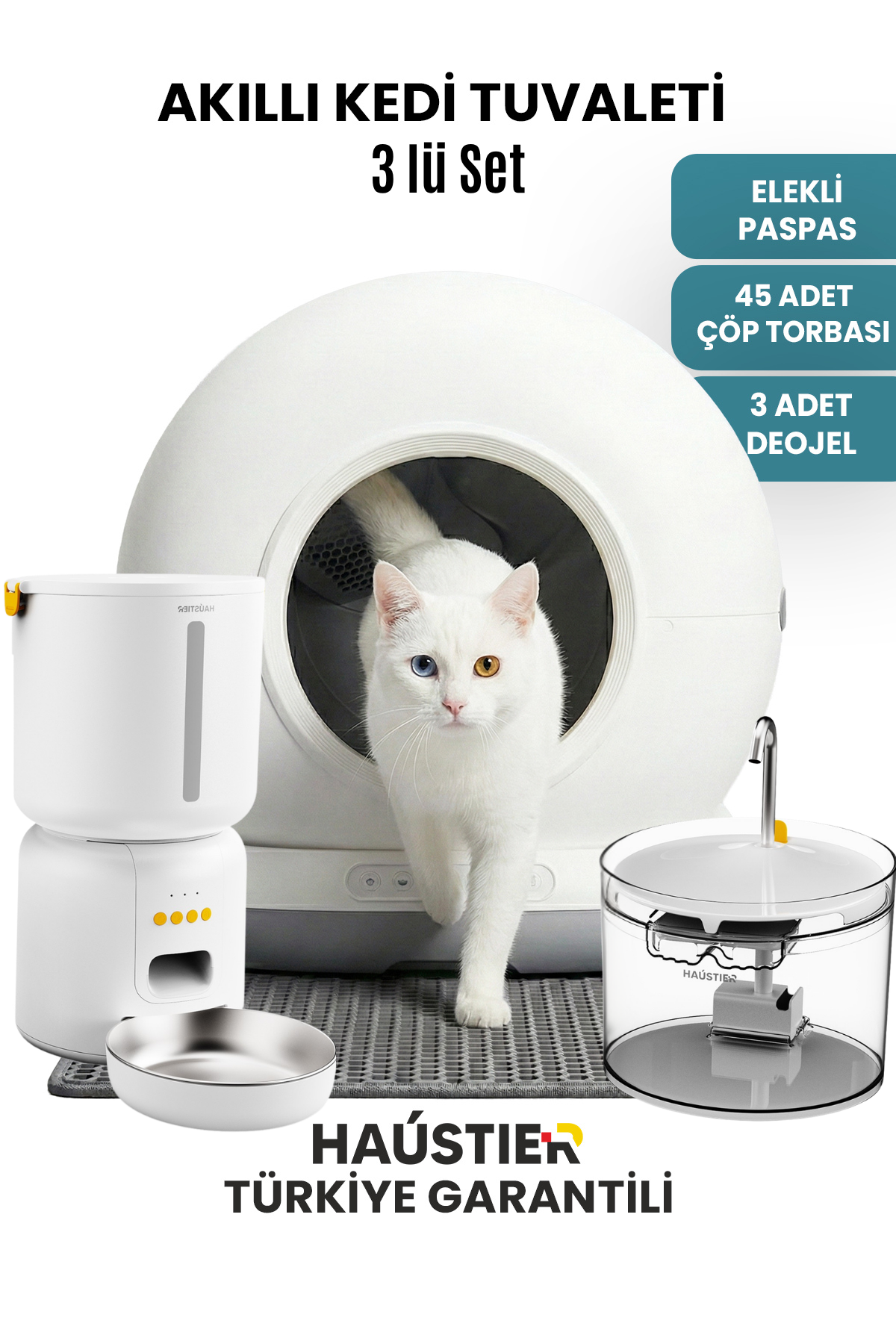 HAUSTIER CB001 Gri Kedi Tuvaleti + FW3 Mama Kabı ve Su Pınarı 3’lü Set Beyaz