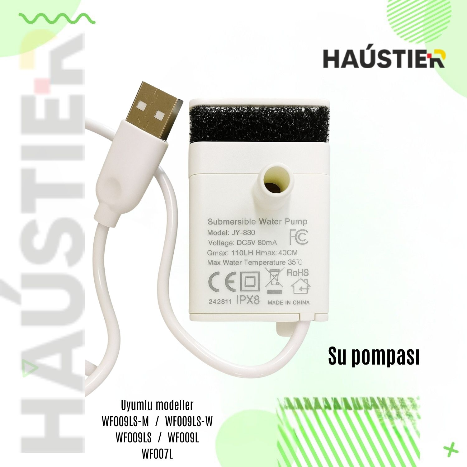 USB kablolu beyaz dalgıç su pompası, siyah sünger filtreli. HAUSTIER logosu.