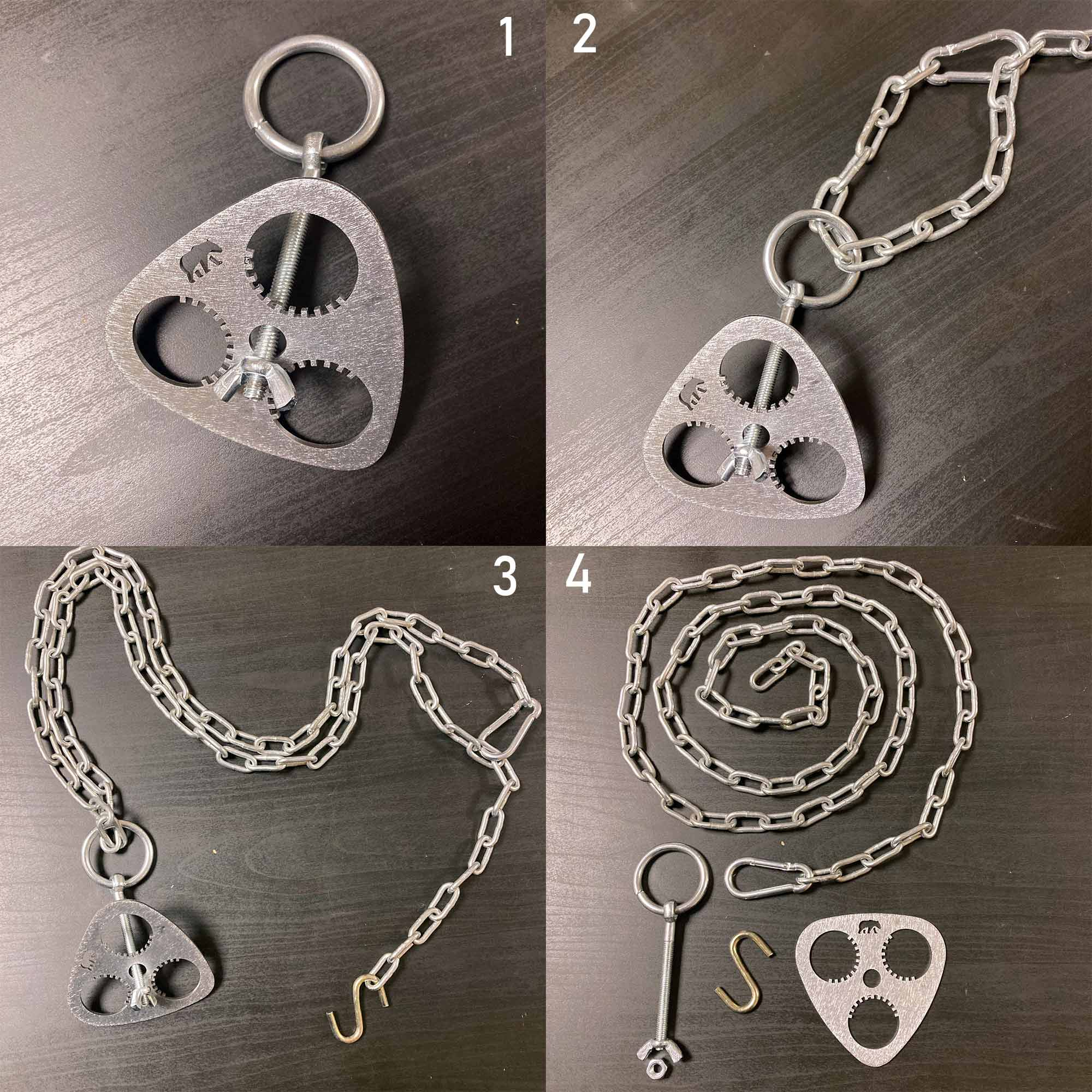 Halka, vida ve dişlileri olan üçgen metal parça.