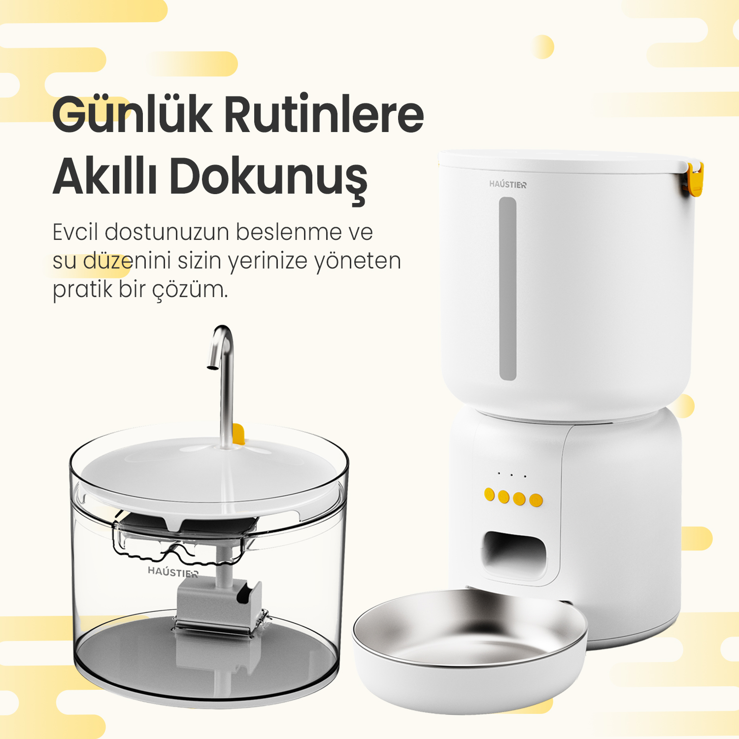 Metal bir kase ile beyaz otomatik evcil hayvan mama ve su kabı.