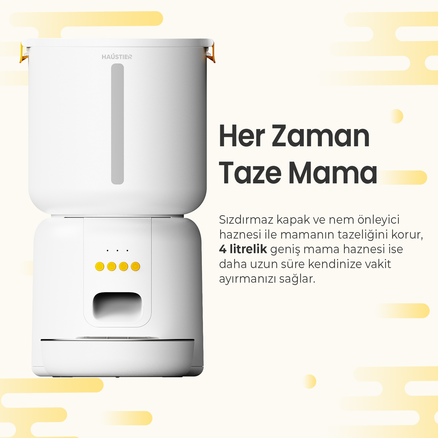 4 litrelik haznesi ve kontrol düğmeleri olan beyaz evcil hayvan mama otomatı.