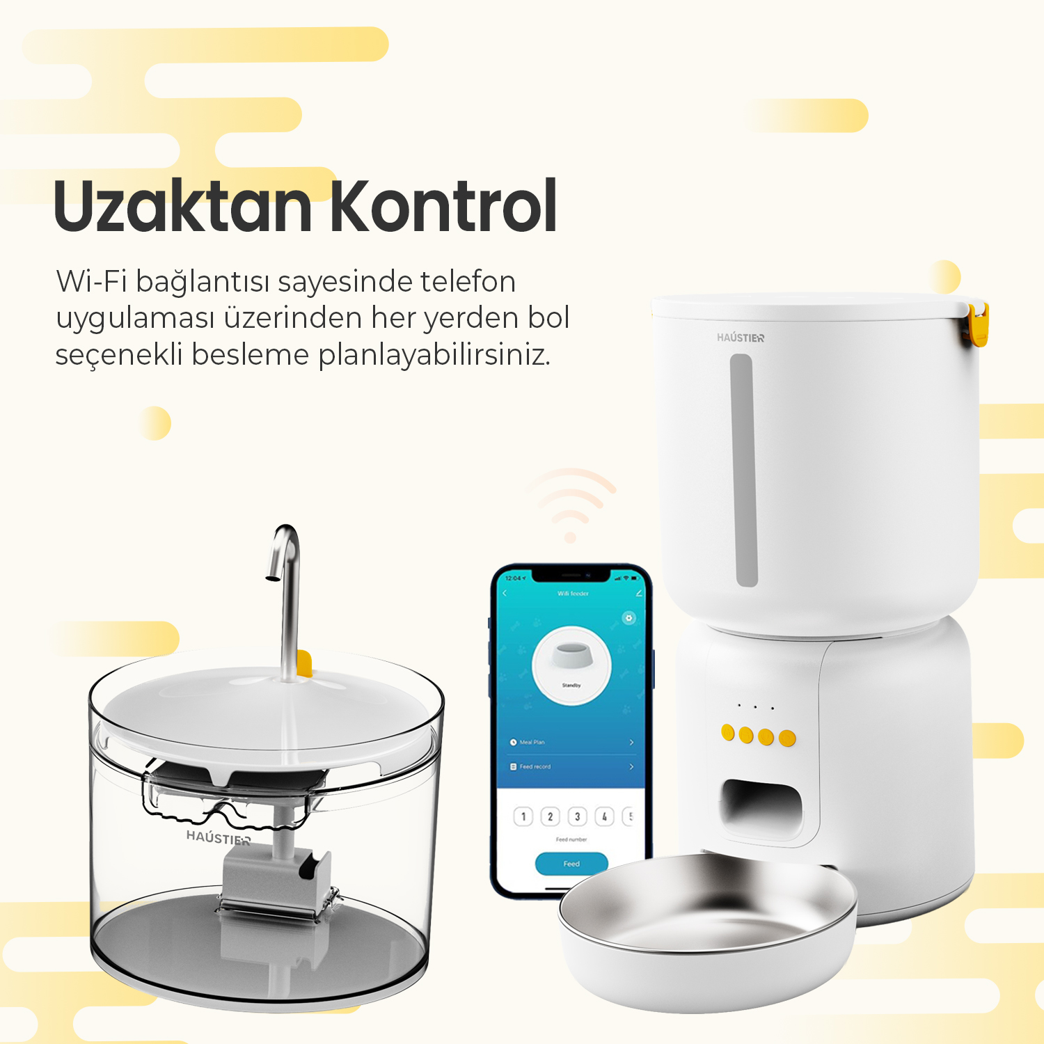 Uygulama kontrollü beyaz evcil hayvan mama ve su otomatı.