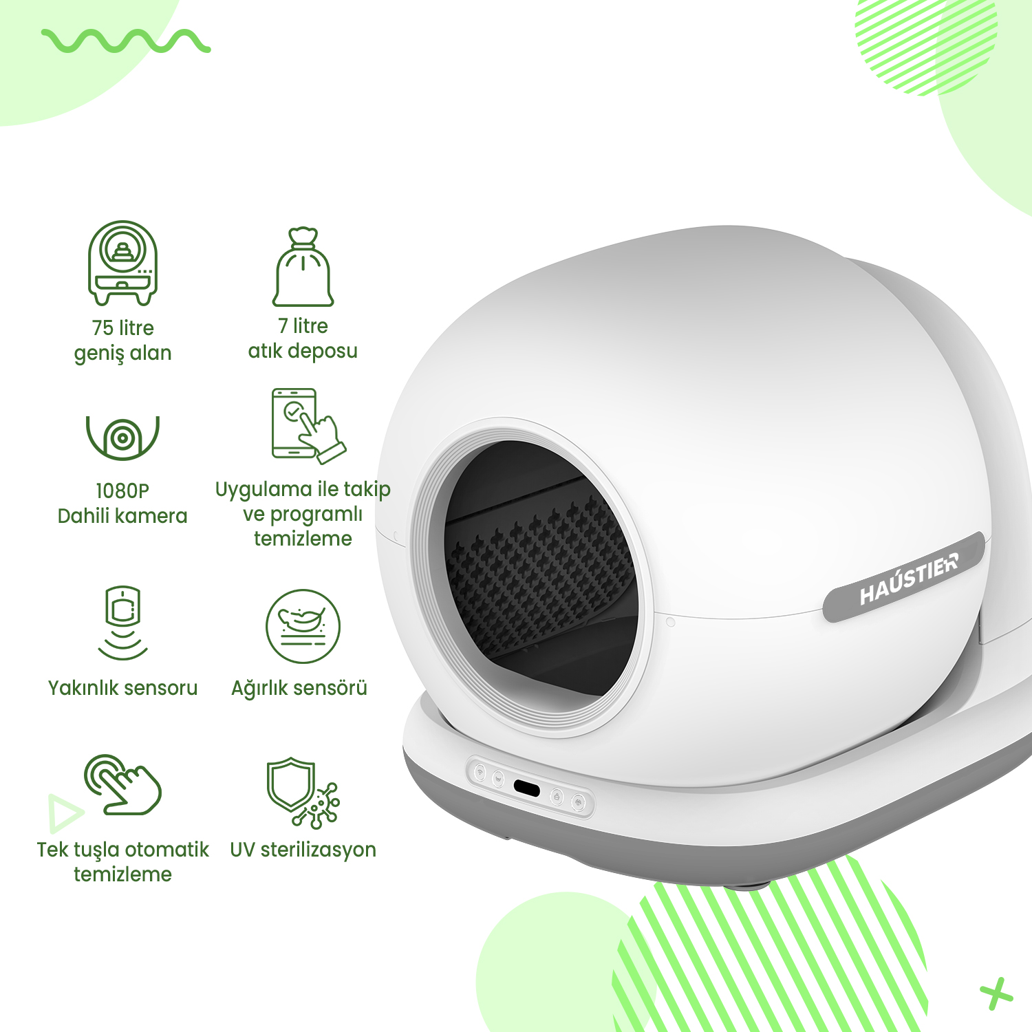 75L geniş alan, 7L atık deposu, 1080P kamera, uygulama takibi, yakınlık ve ağırlık sensörleri, tek tuşla temizleme, UV sterilizasyon özellikli beyaz kedi tuvaleti.