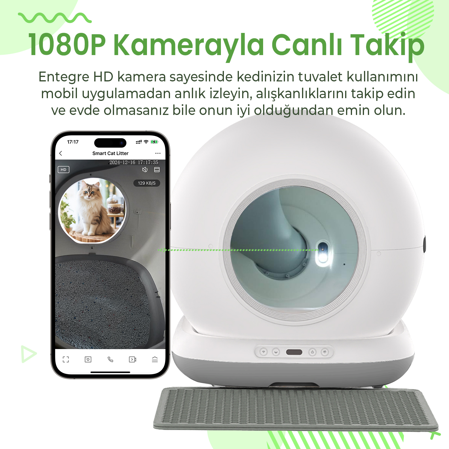 Akıllı telefon kedi ve kumbar gösteriyor. Yanında kameralı beyaz kumbar.