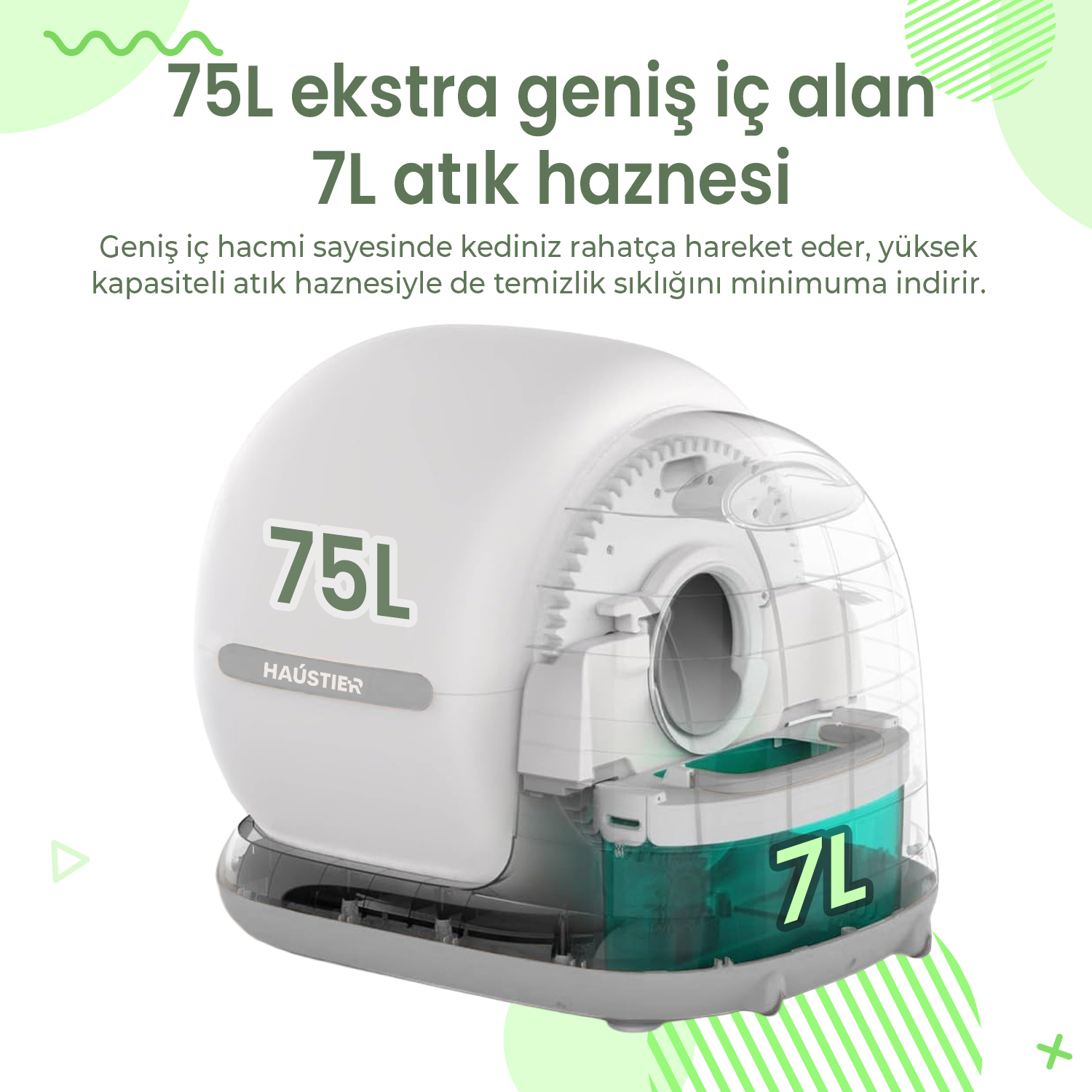 75L iç alanlı, 7L atık hazneli beyaz otomatik kedi tuvaleti.