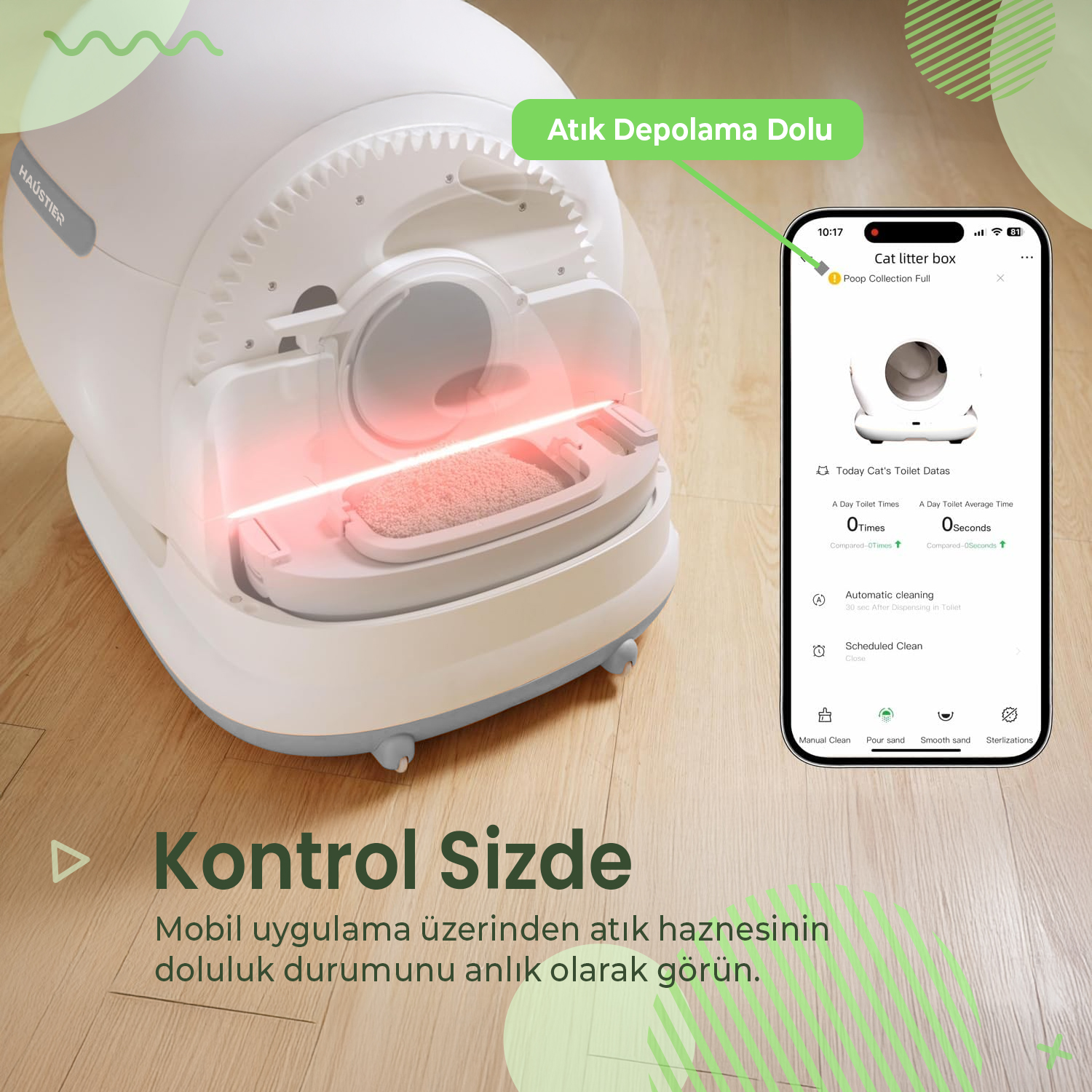 Uygulamanın doluluk durumunu gösteren bir telefonun yanında beyaz otomatik kedi tuvaleti.