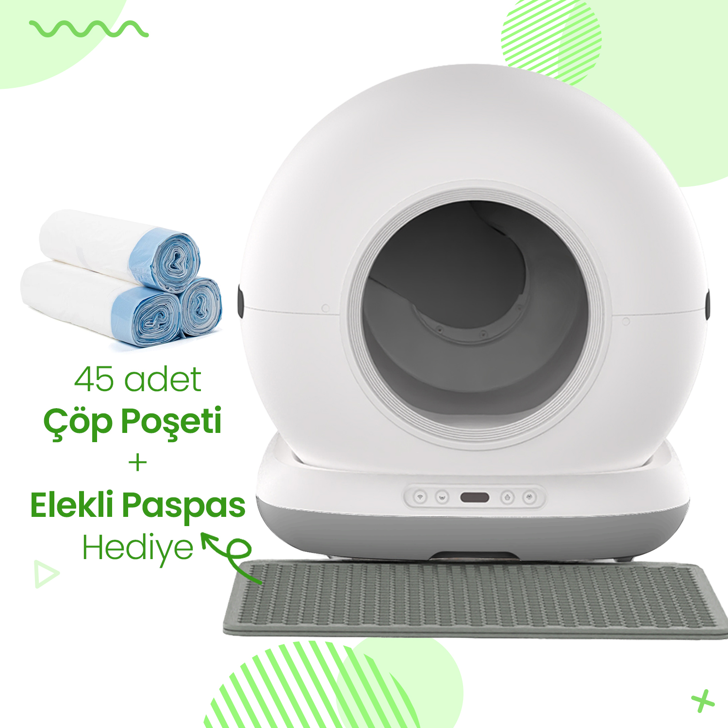 Beyaz otomatik kedi kum kabı, yanında çöp poşeti ruloları ve paspas.