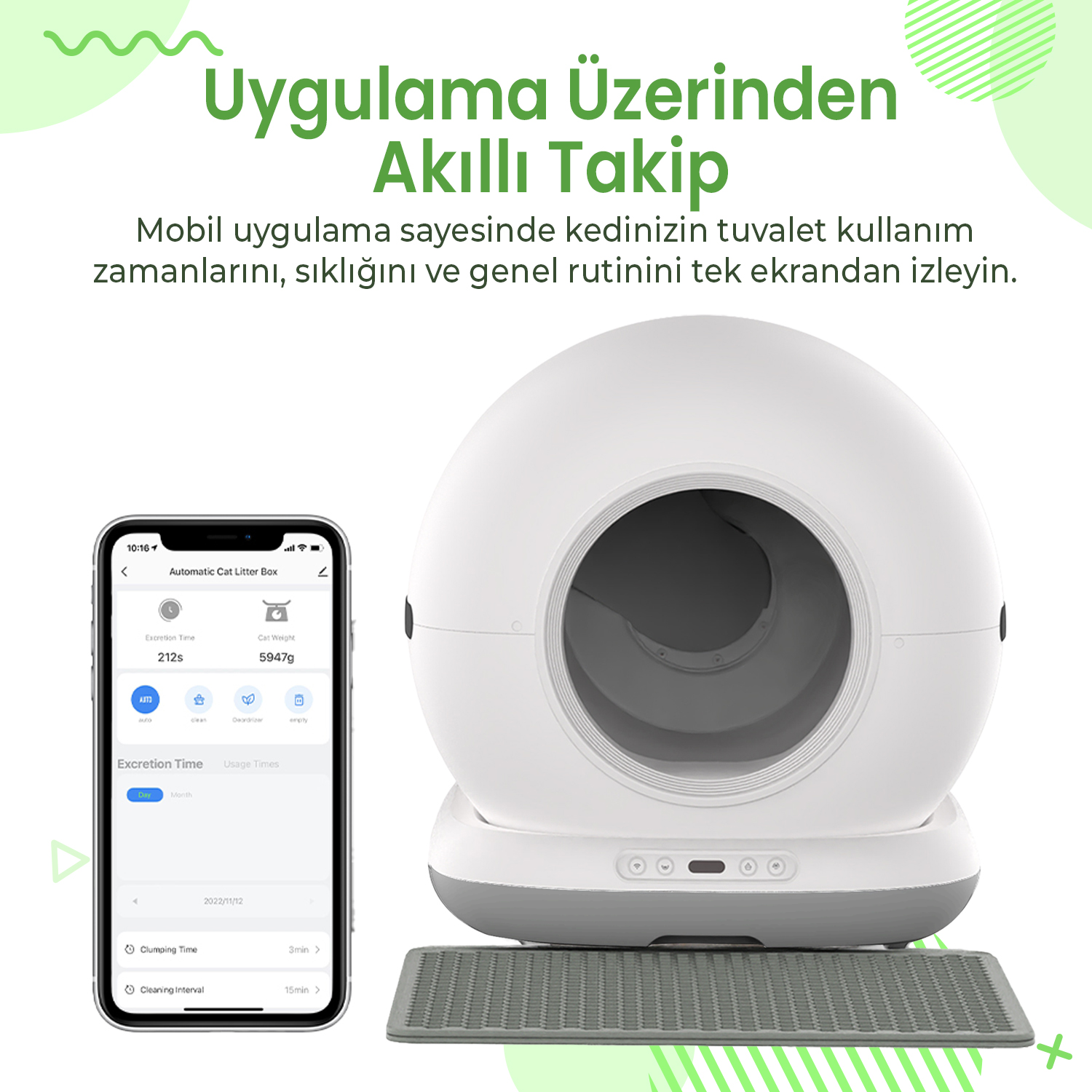 Bir akıllı telefon, kedi kumu kutusunun yanında otomatik kedi kumu kutusu uygulamasını gösteriyor.