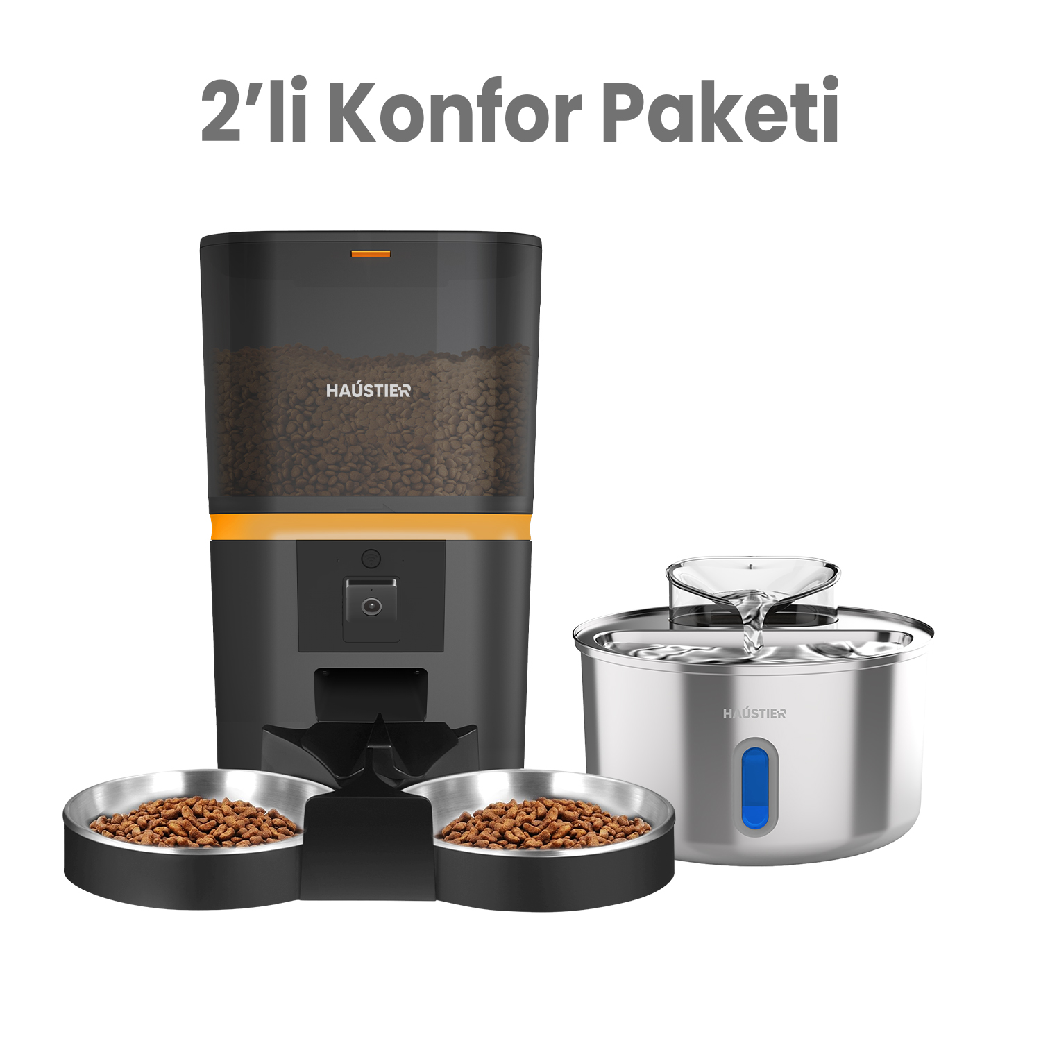 HAUSTIER HST-QQ009 Dual Akıllı Mama Kabı, HST-WF009L-W Kedi Su Pınarı 2’li Set Siyah