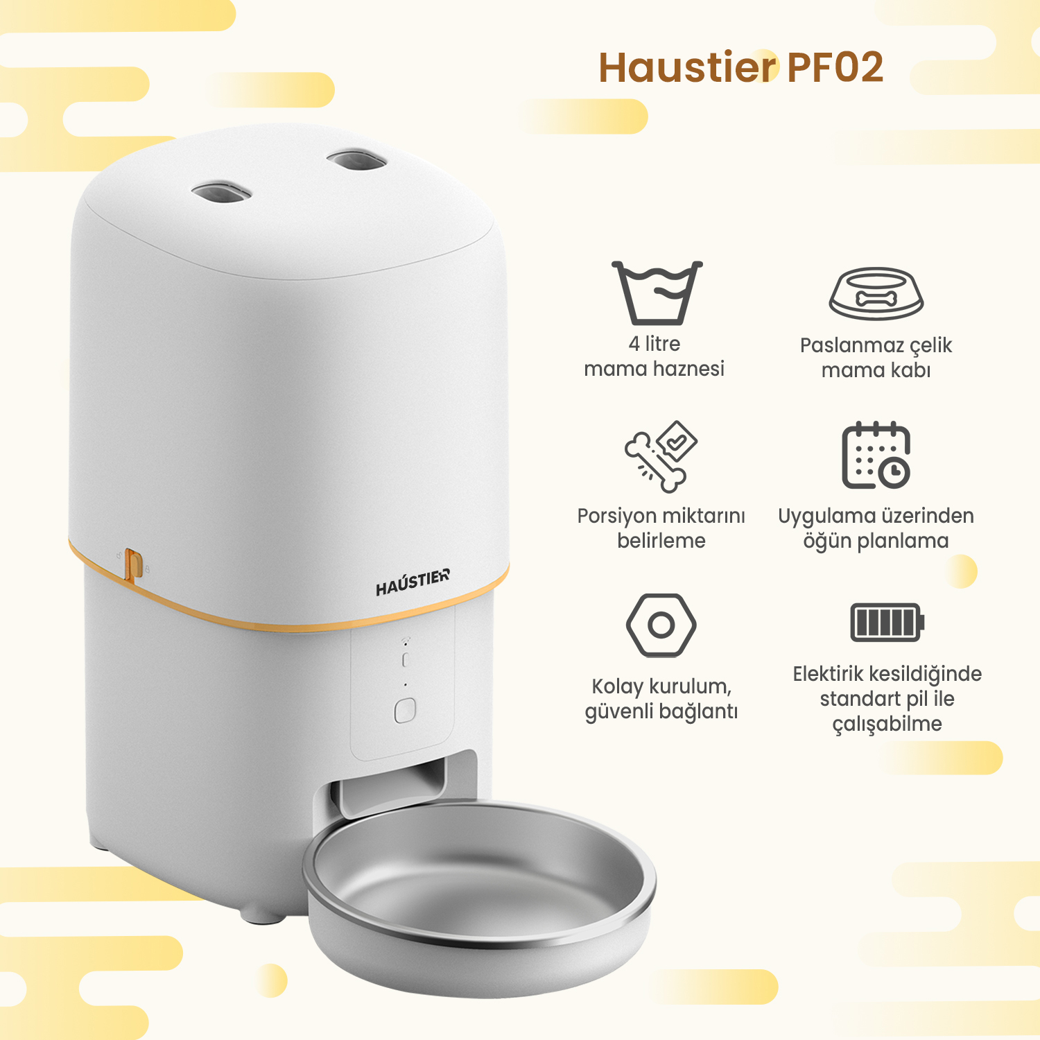 Beyaz Haustier PF02 otomatik mama kabı, paslanmaz çelik, 4L hazne, uygulama kontrollü.