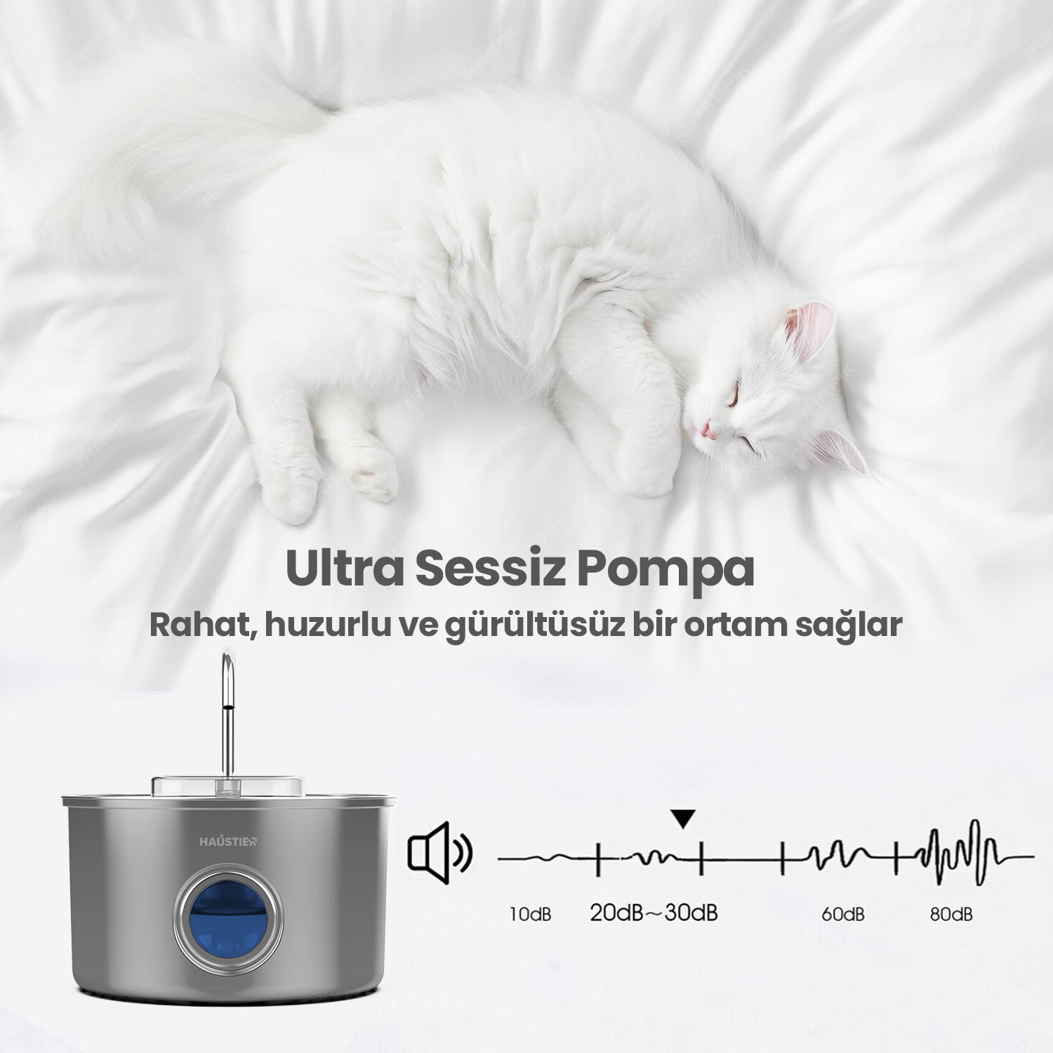 Beyaz bir kedi beyaz yatakta uyuyor. Yanında ses seviyesi göstergeli bir pompa var.