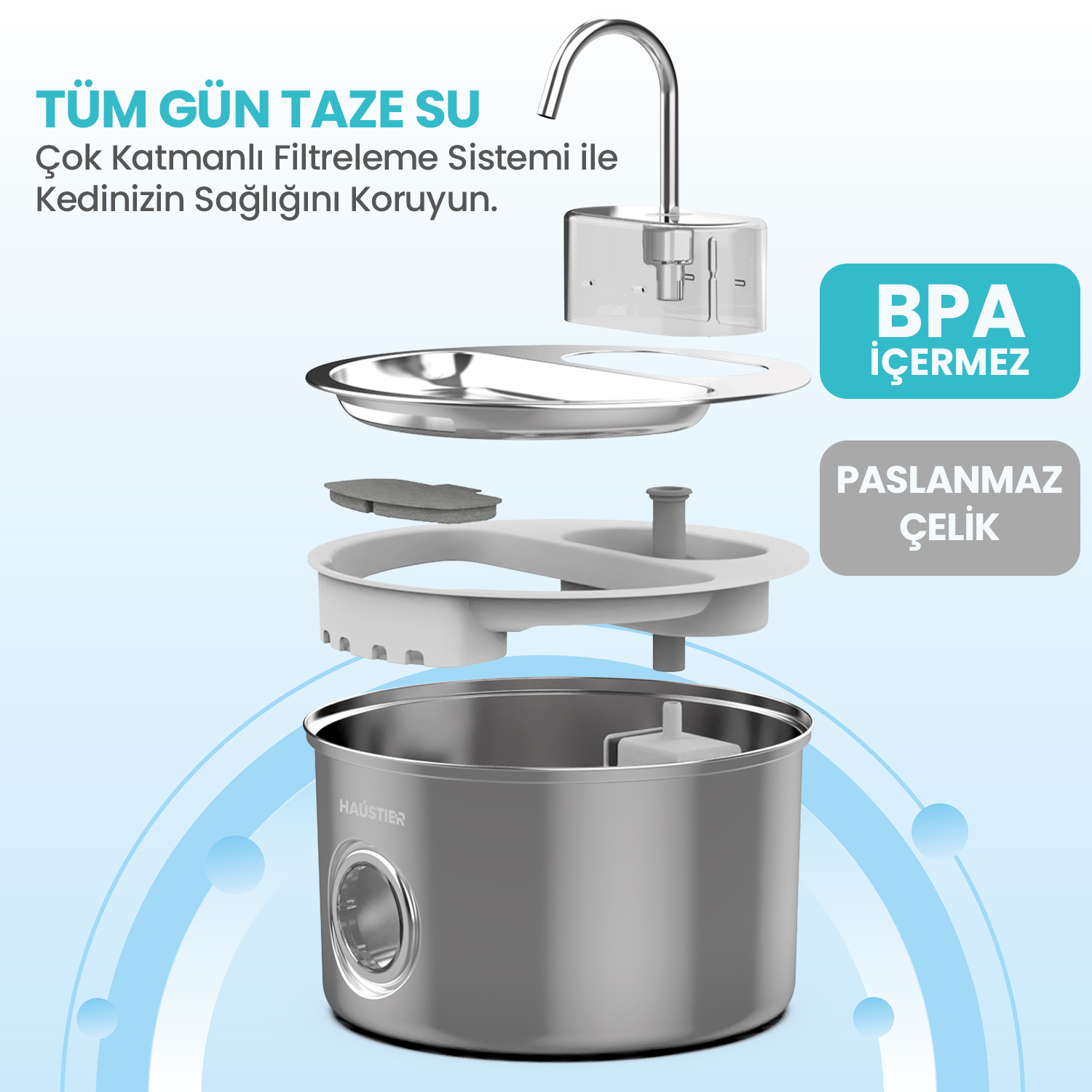BPA içermeyen paslanmaz çelik evcil hayvan su sebili patlatılmış görünümü.
